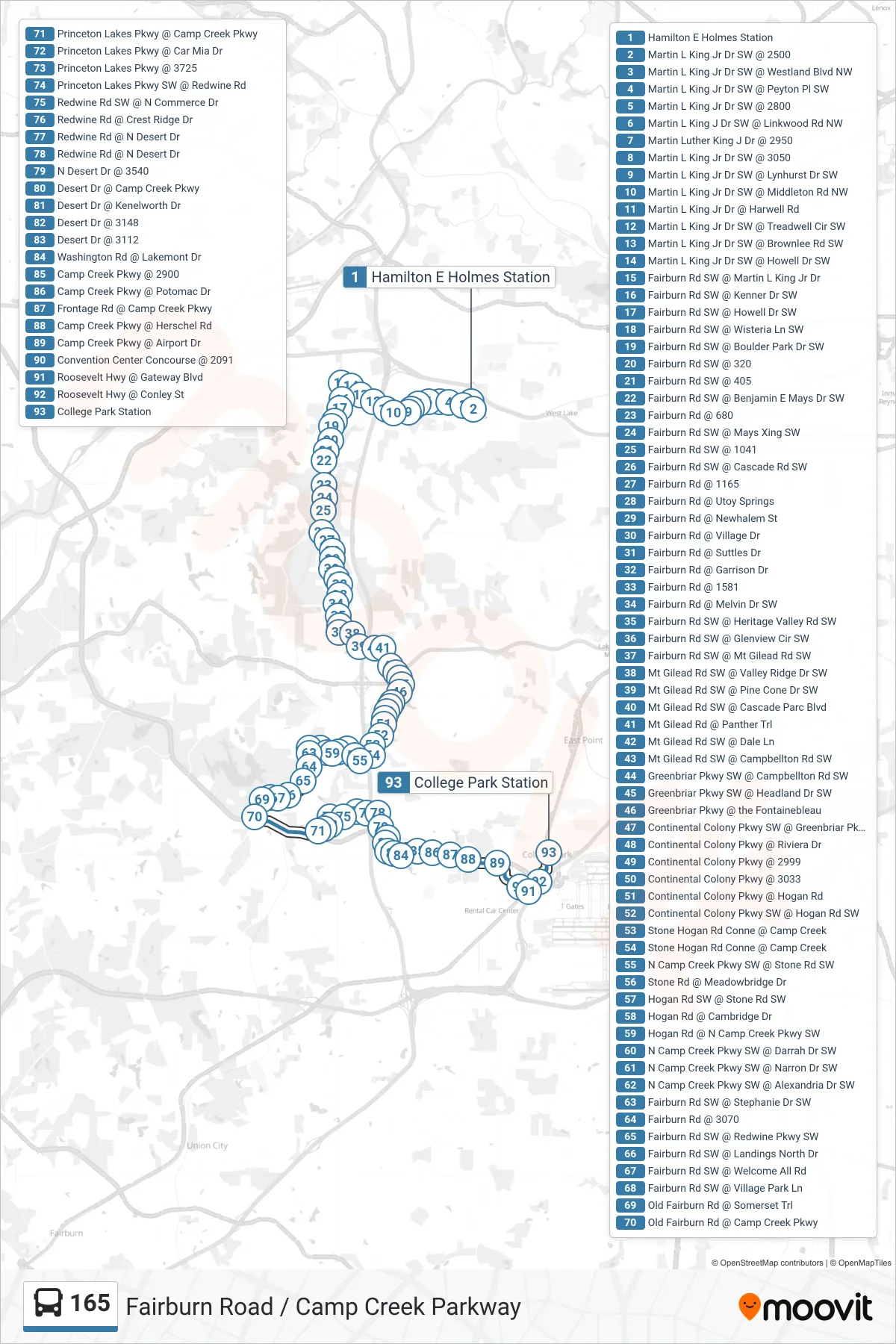 165 bus Line (College Park Stn) route and stops on a map