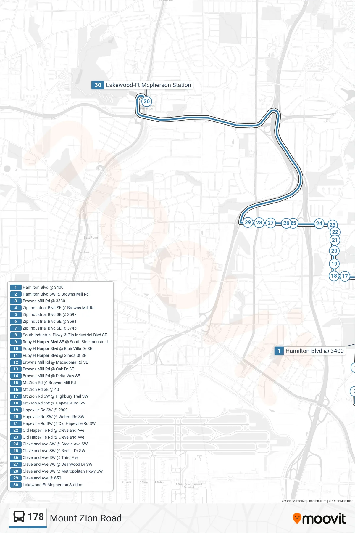 178 bus Line (Lakewood Stn) route and stops on a map