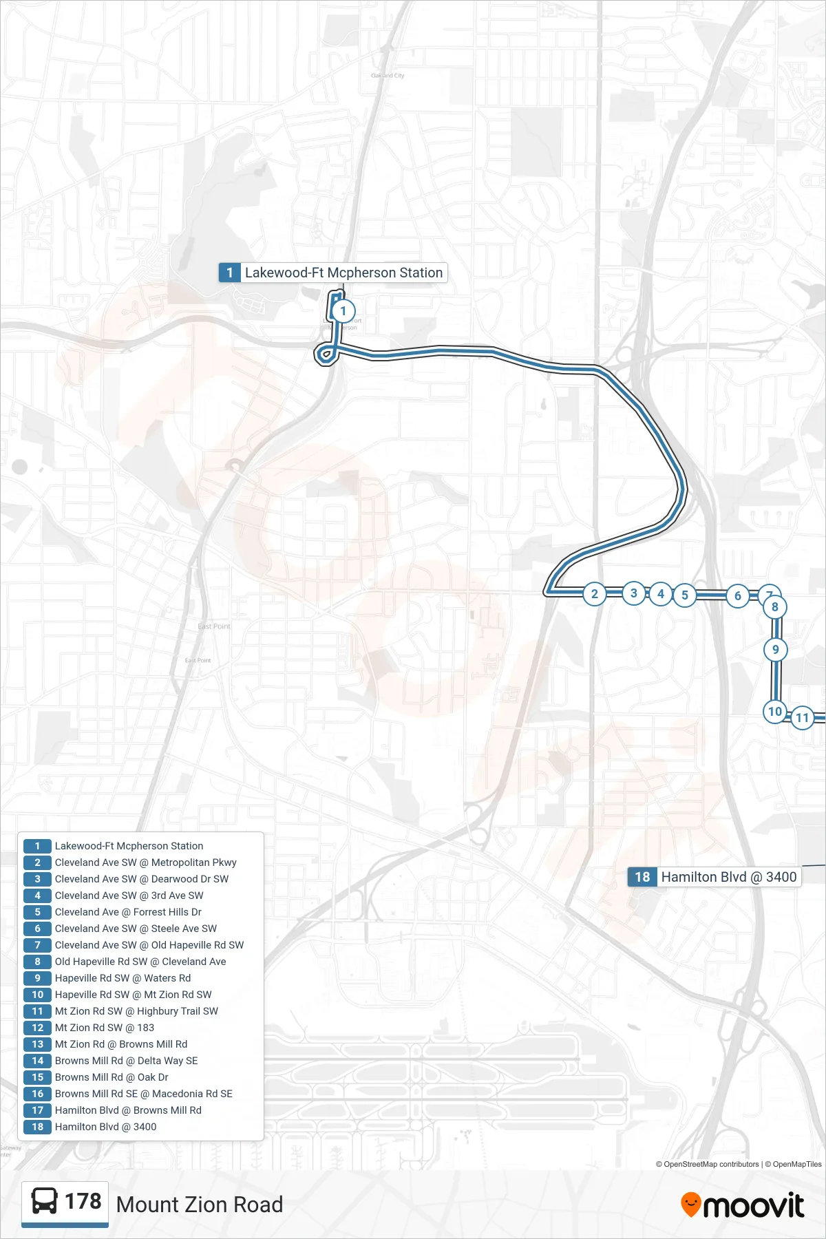 178 bus Line (Hamilton Blvd) route and stops on a map