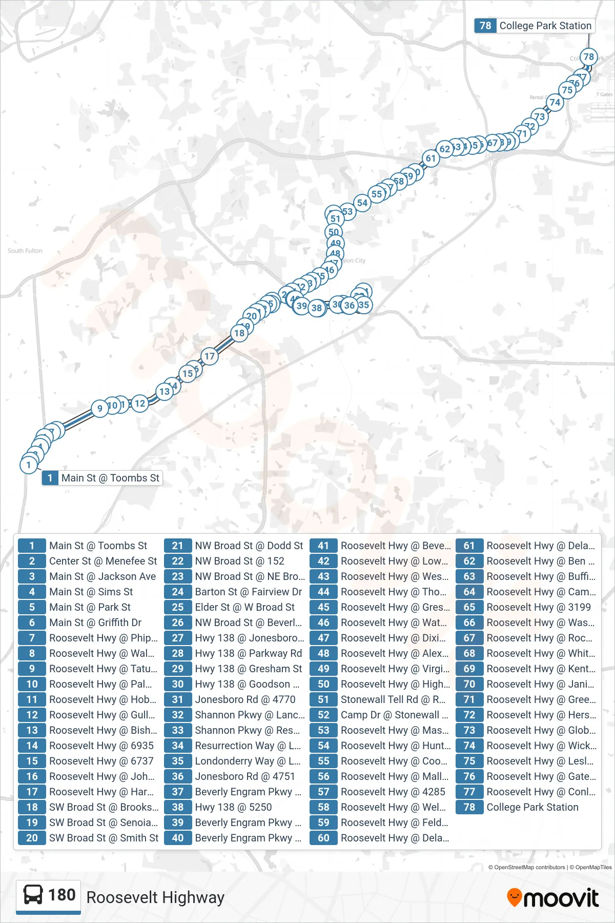 180 bus Line (College Park Stn) route and stops on a map