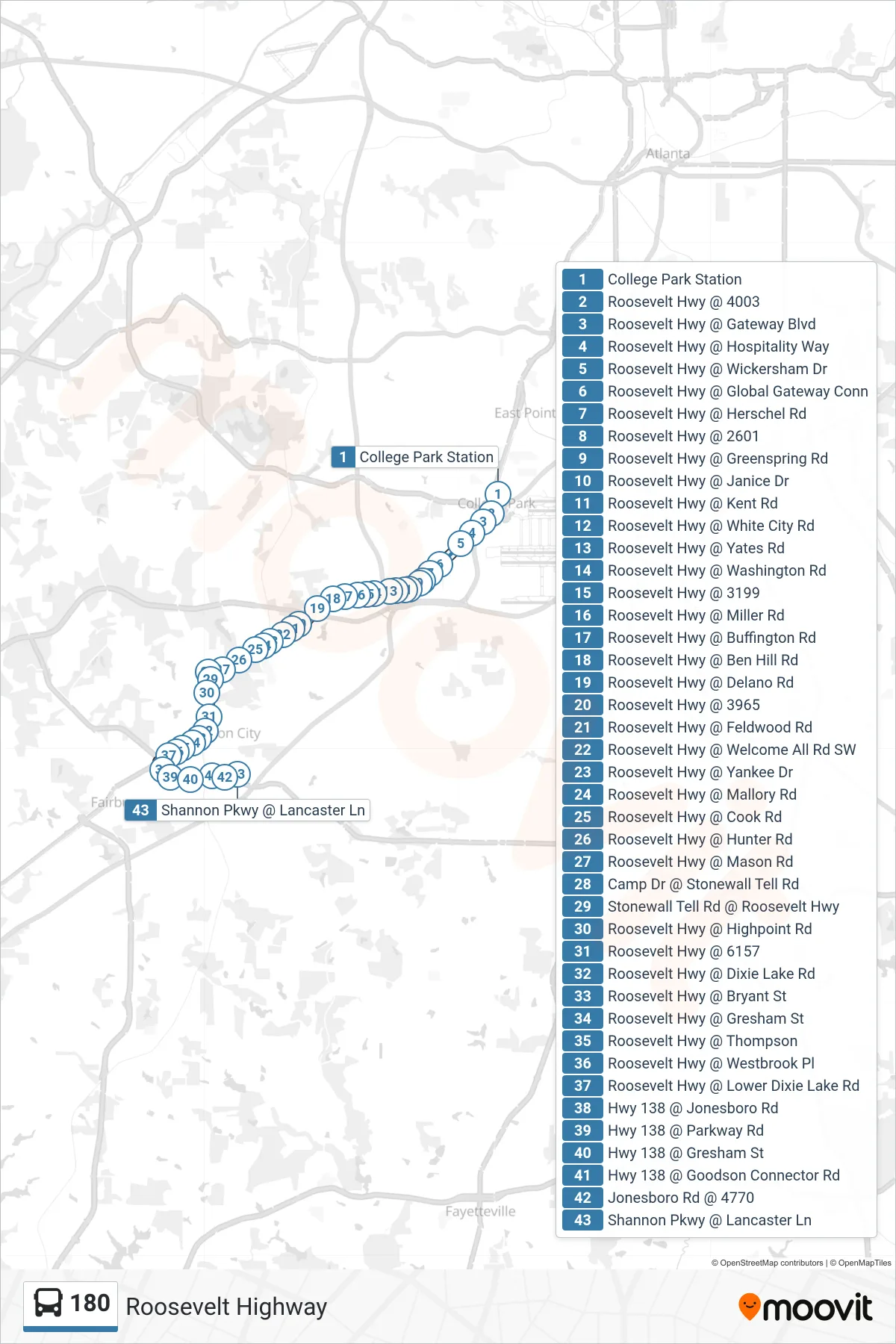 180 bus Line (S Fulton Transfer) route and stops on a map