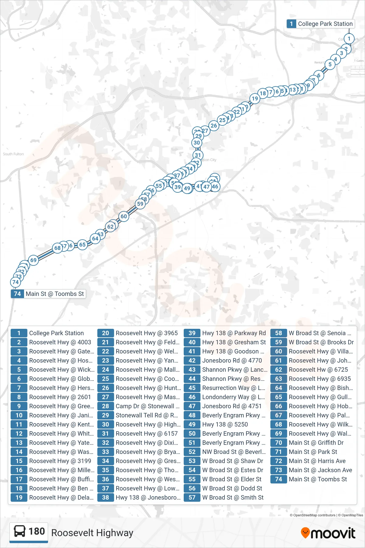 180 bus Line (Palmetto) route and stops on a map