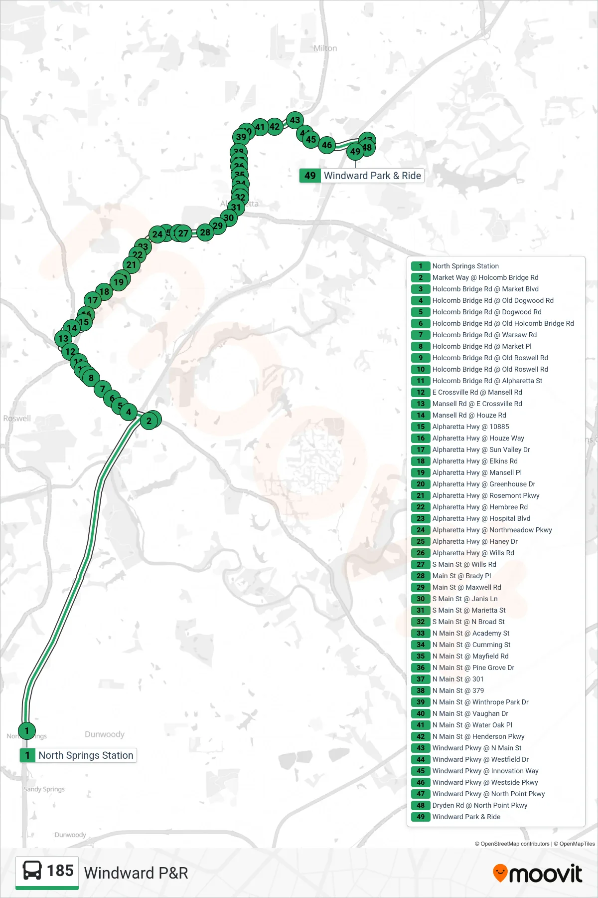 185 bus Line (Windward P&R) route and stops on a map