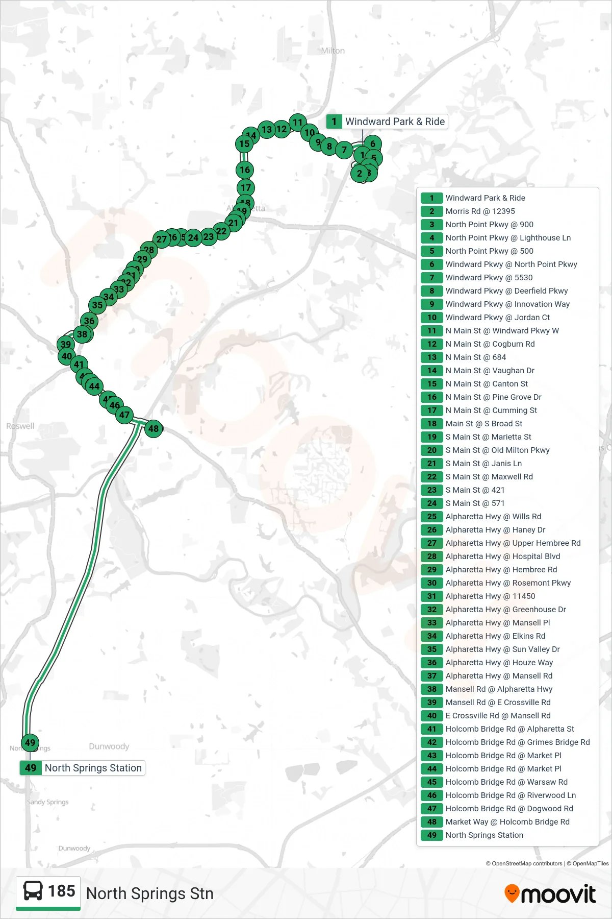 185 bus Line (North Springs Stn) route and stops on a map