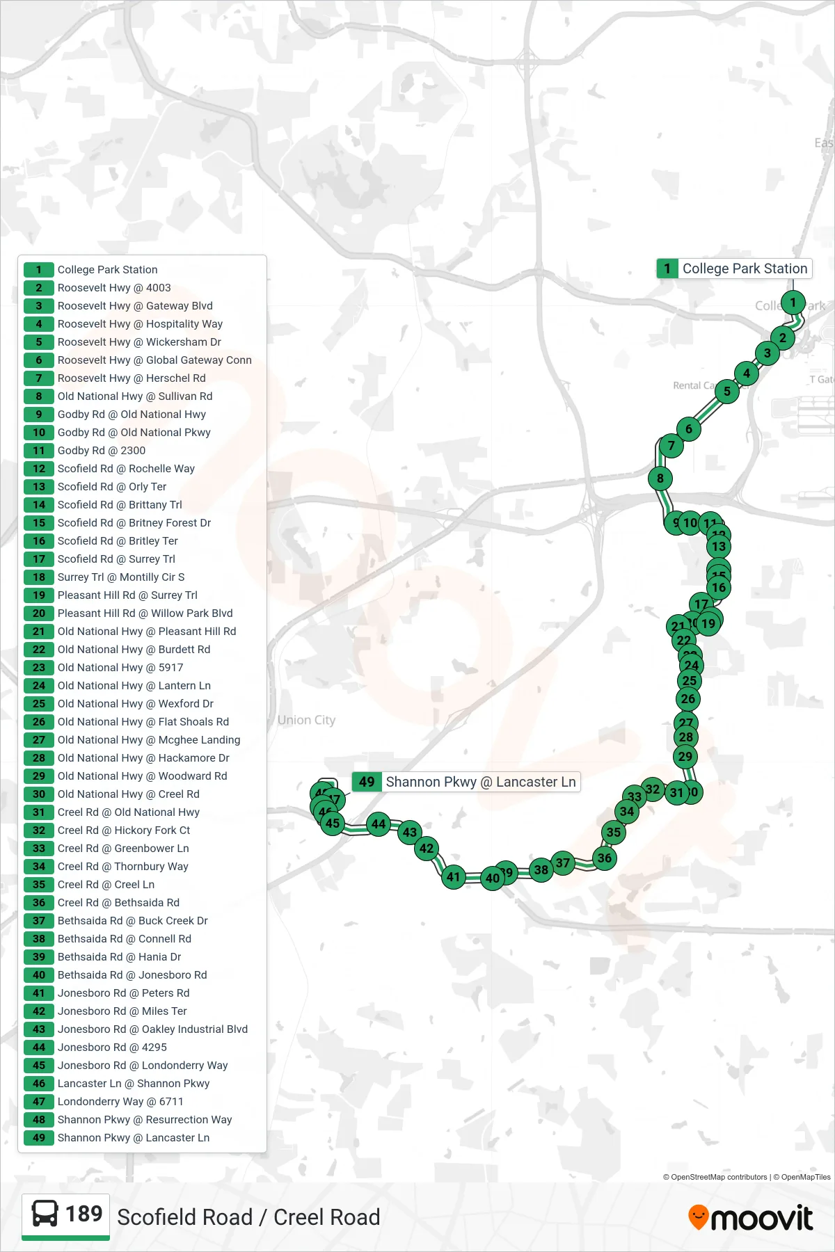 189 bus Line (S Fulton Transfer) route and stops on a map