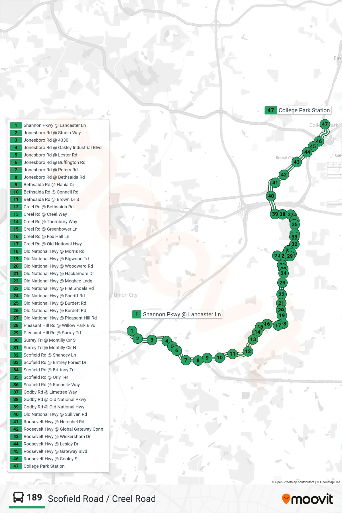 189 bus Line (College Park Stn) route and stops on a map