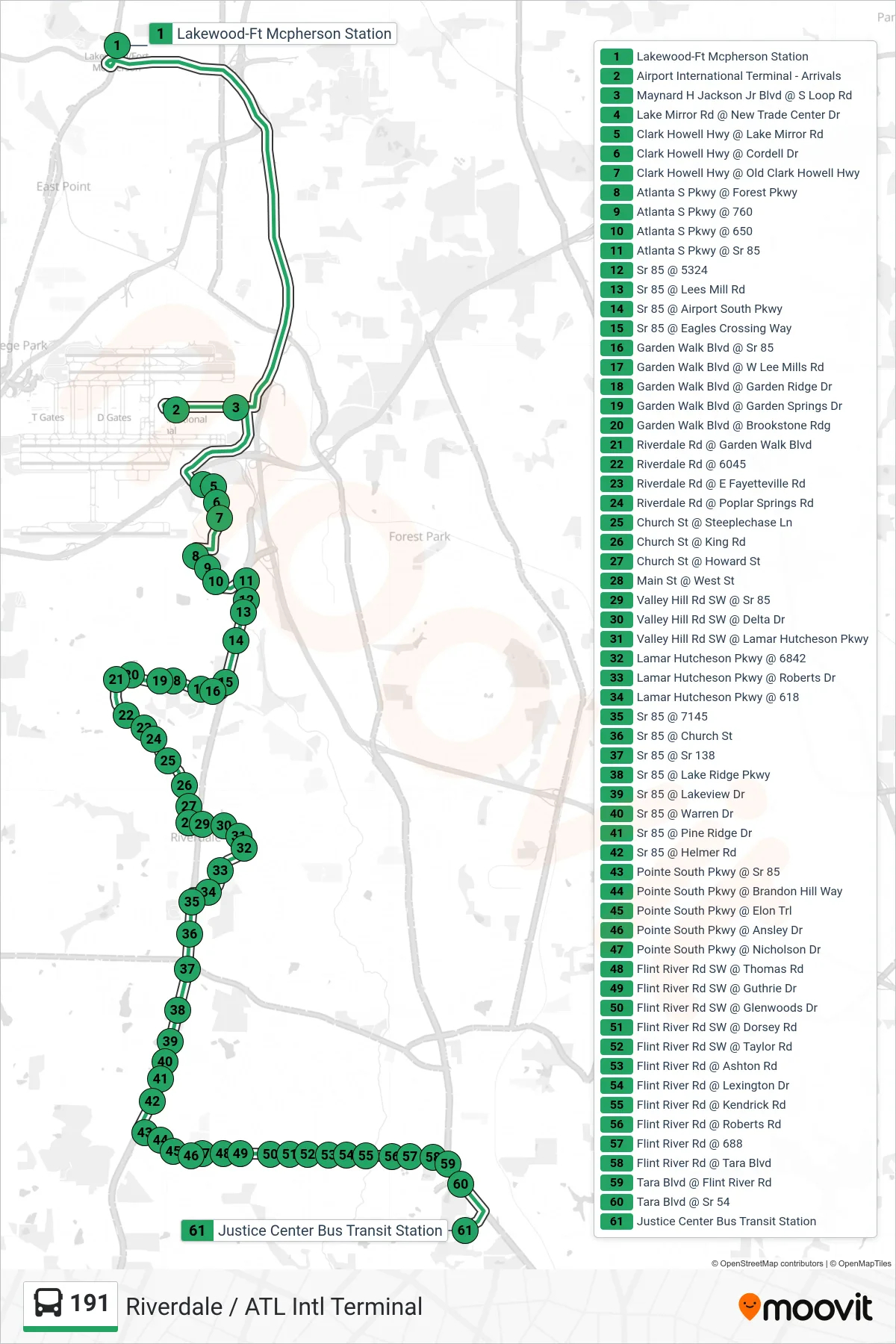 191 bus Line (Justice Center) route and stops on a map