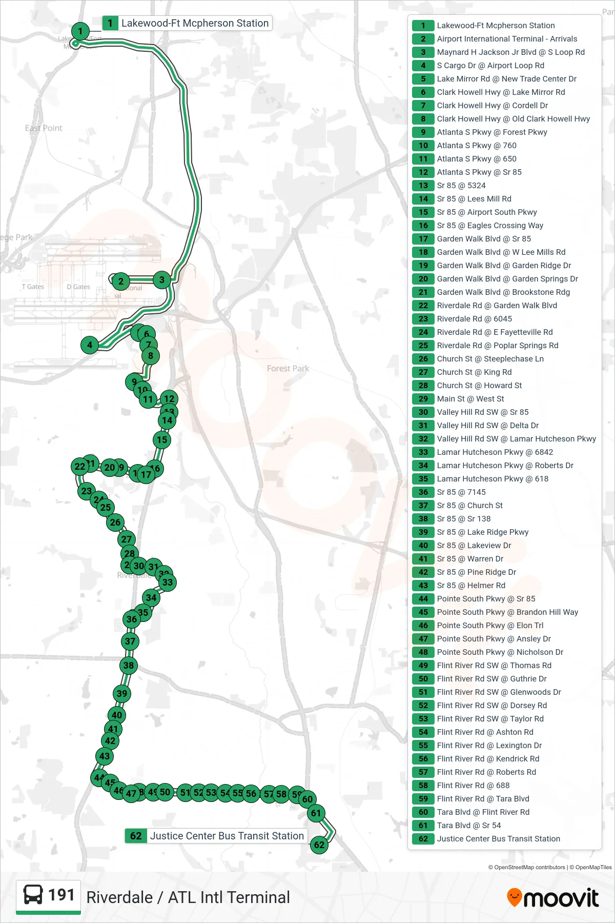 191 bus Line (Justice Center Via S Cargo) route and stops on a map