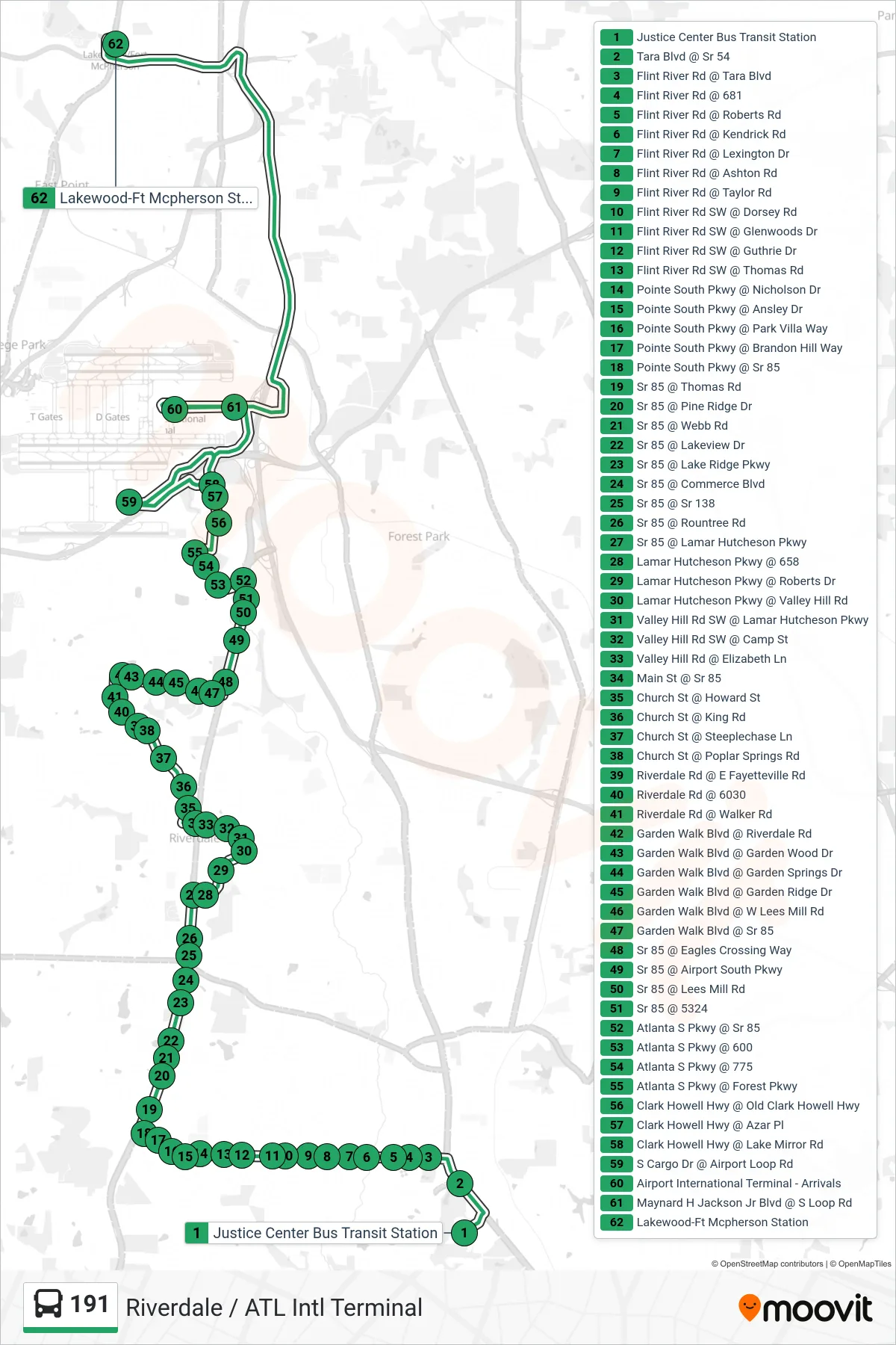 191 bus Line (Lakewood Stn Via S Cargo) route and stops on a map