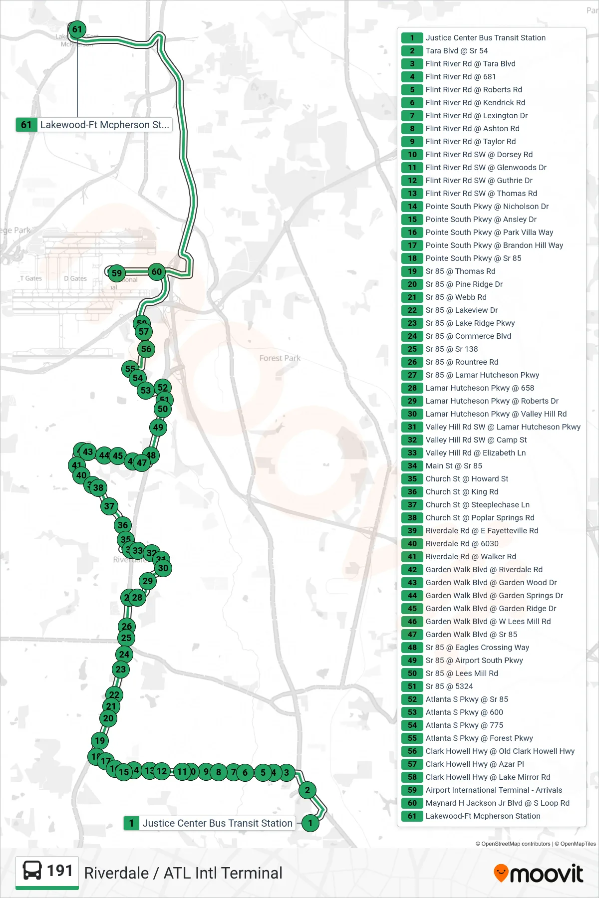 191 bus Line (Lakewood Stn) route and stops on a map