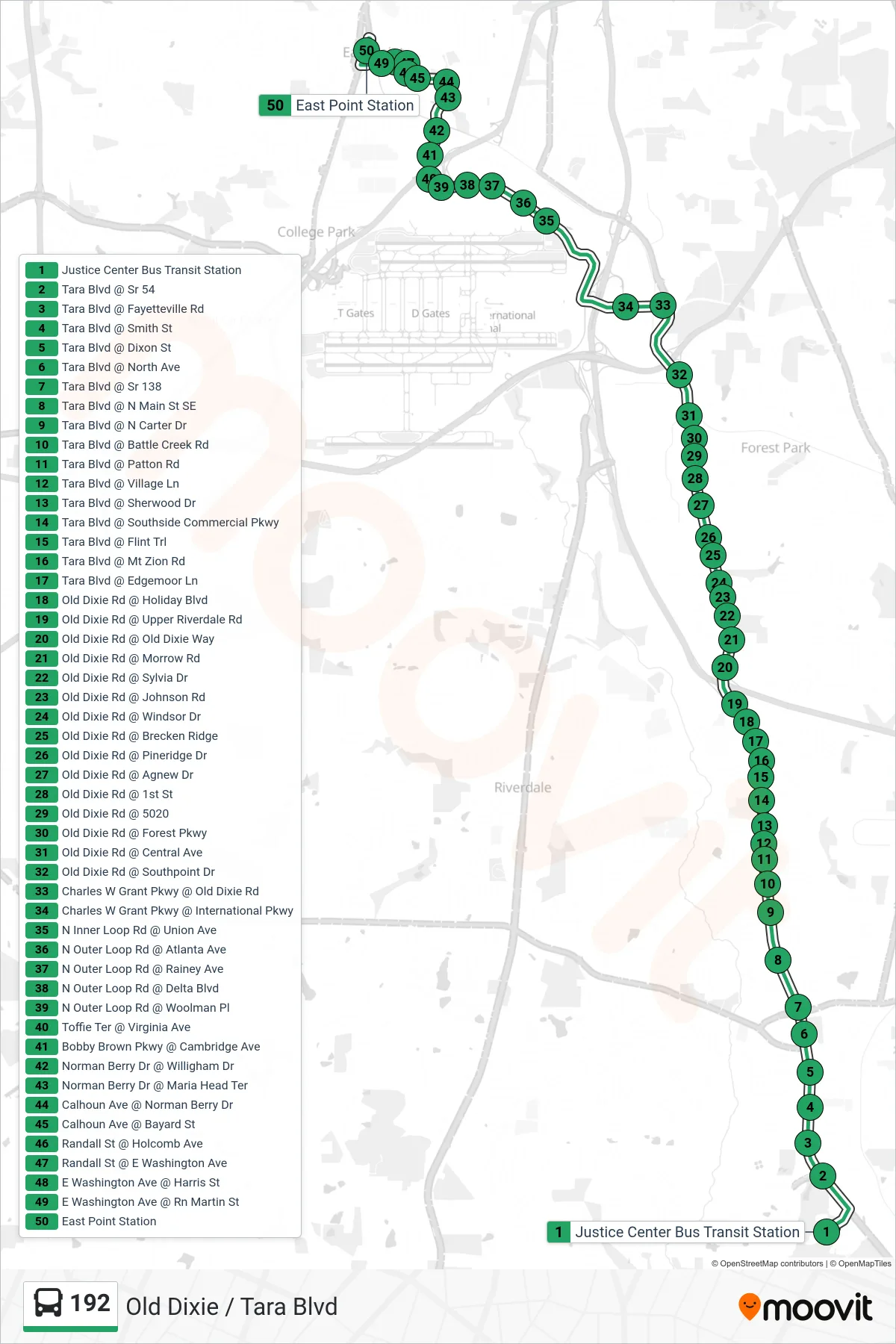 192 bus Line (East Point Stn) route and stops on a map