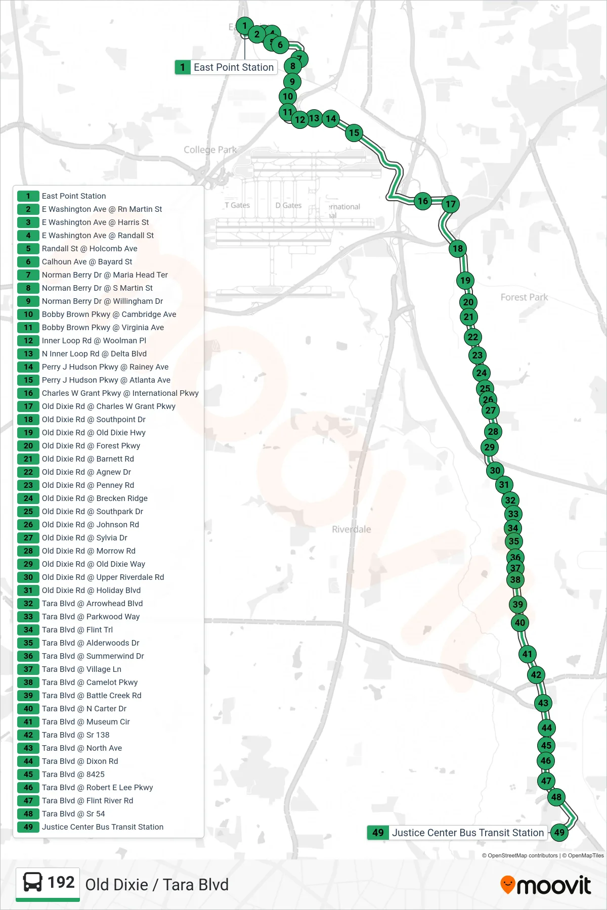 192 bus Line (Justice Center) route and stops on a map