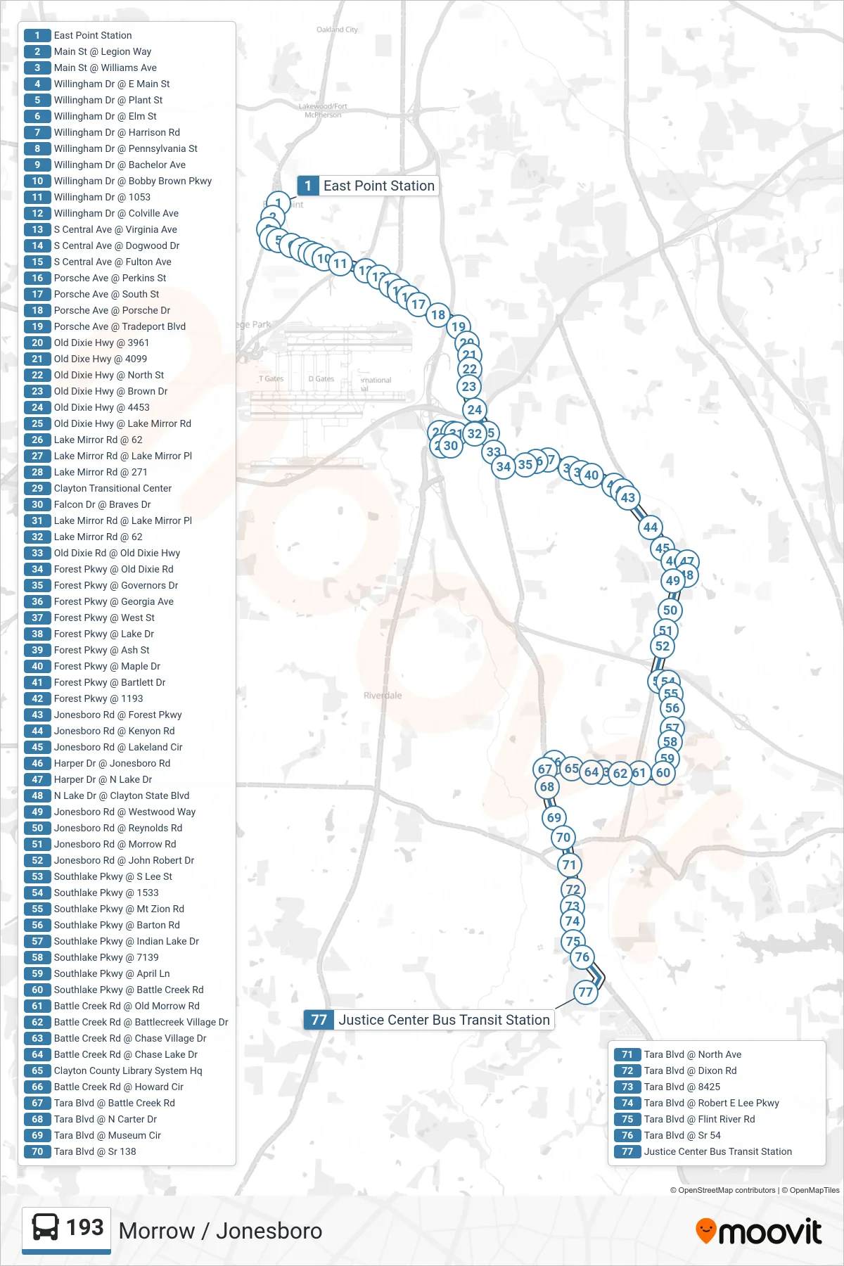 193 bus Line (Justice Center Via Battle Creek Rd) route and stops on a map