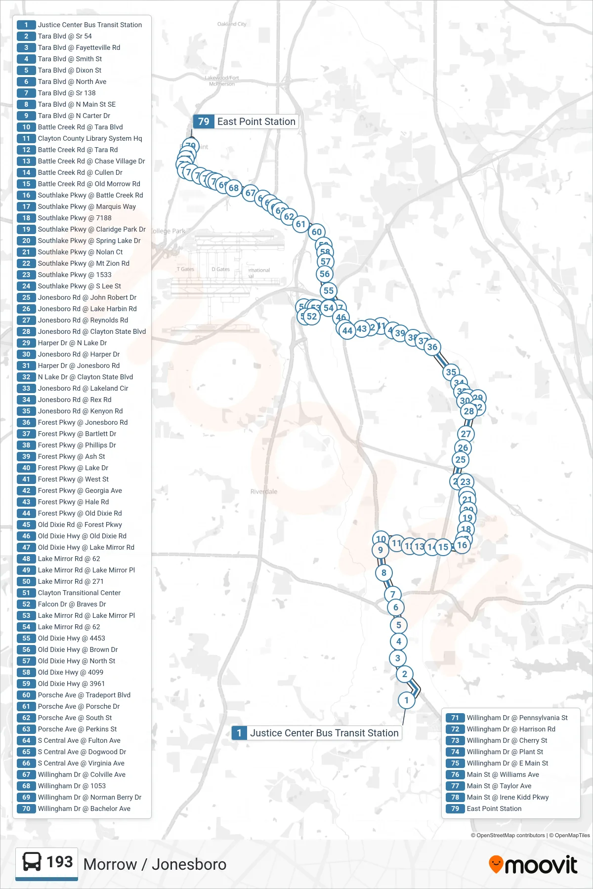 193 bus Line (East Point Stn Via Battle Creek Rd) route and stops on a map