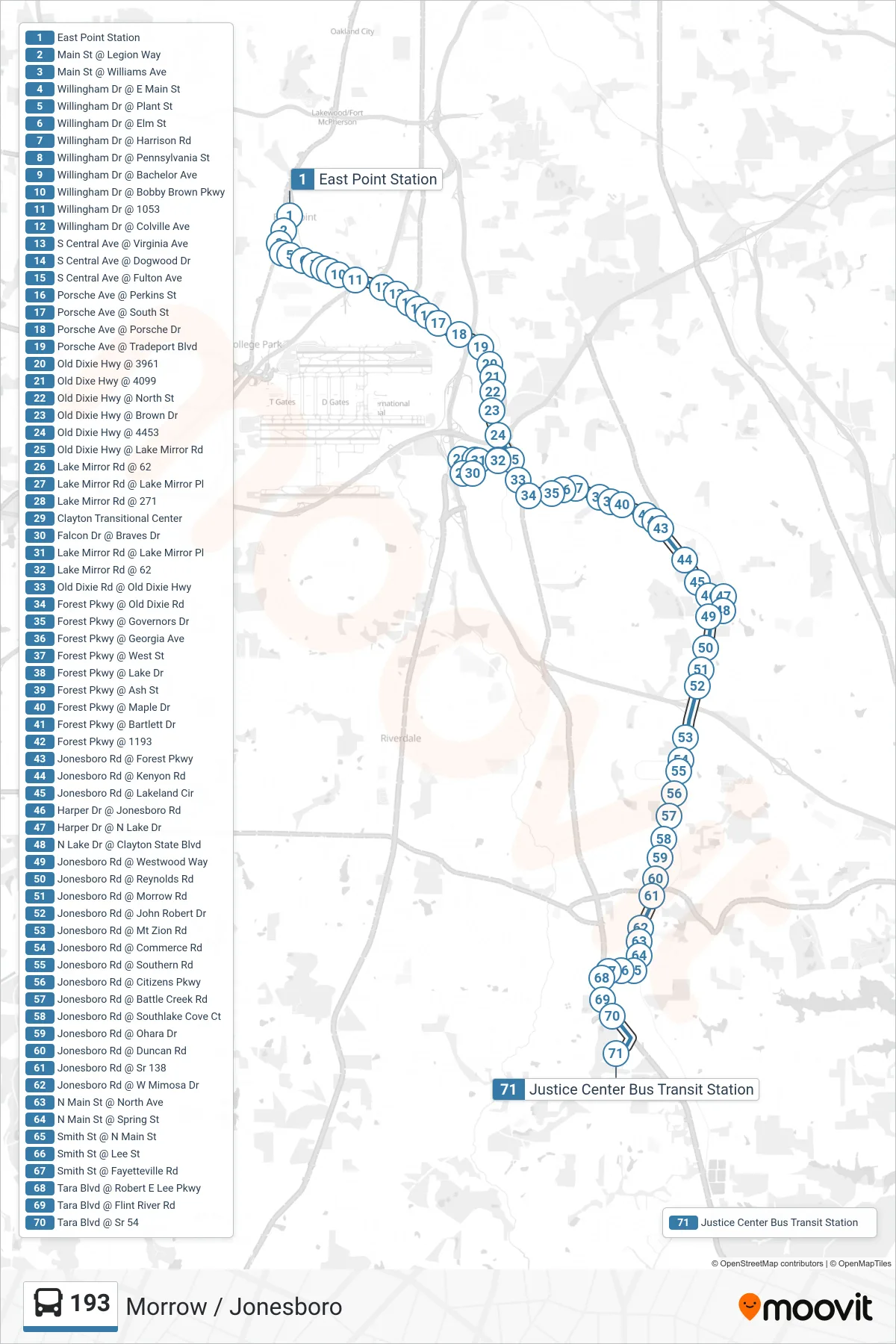 193 bus Line (Justice Center Via Smith St) route and stops on a map