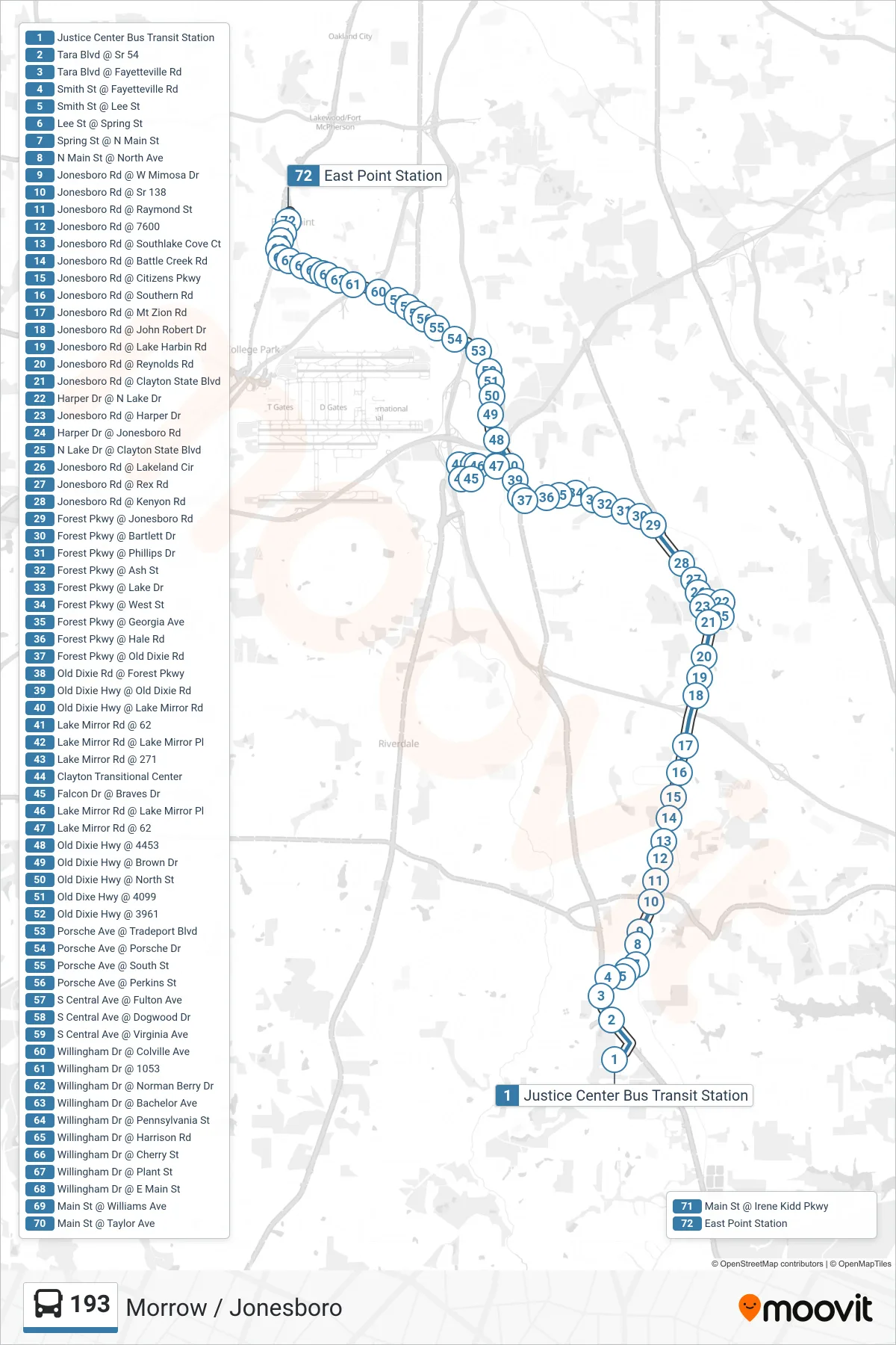 193 bus Line (East Point Stn Via Smith St) route and stops on a map
