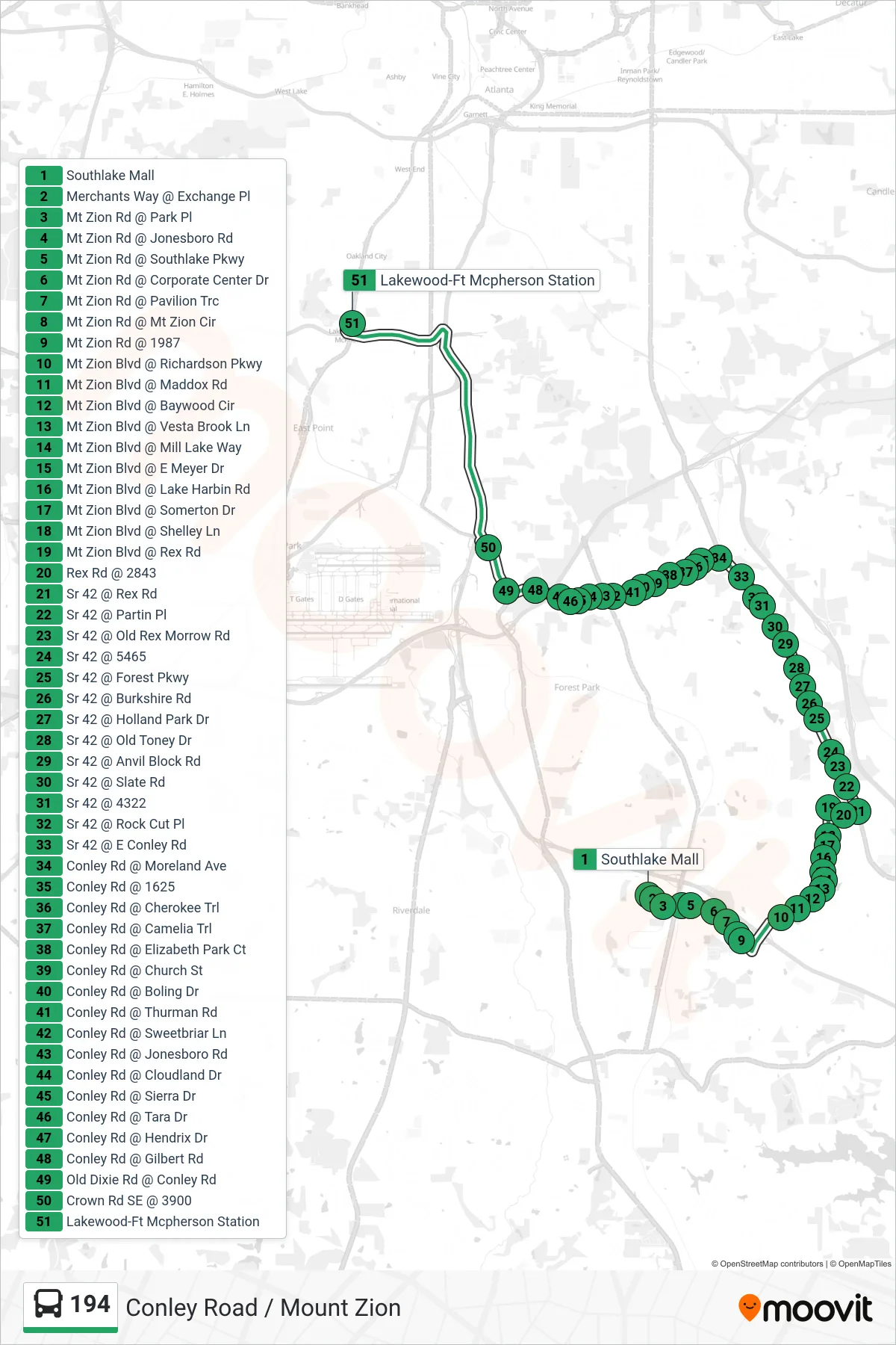 194 bus Line (Lakewood Stn) route and stops on a map