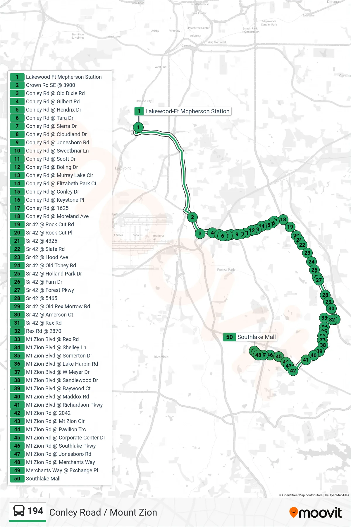 194 bus Line (Southlake Mall) route and stops on a map