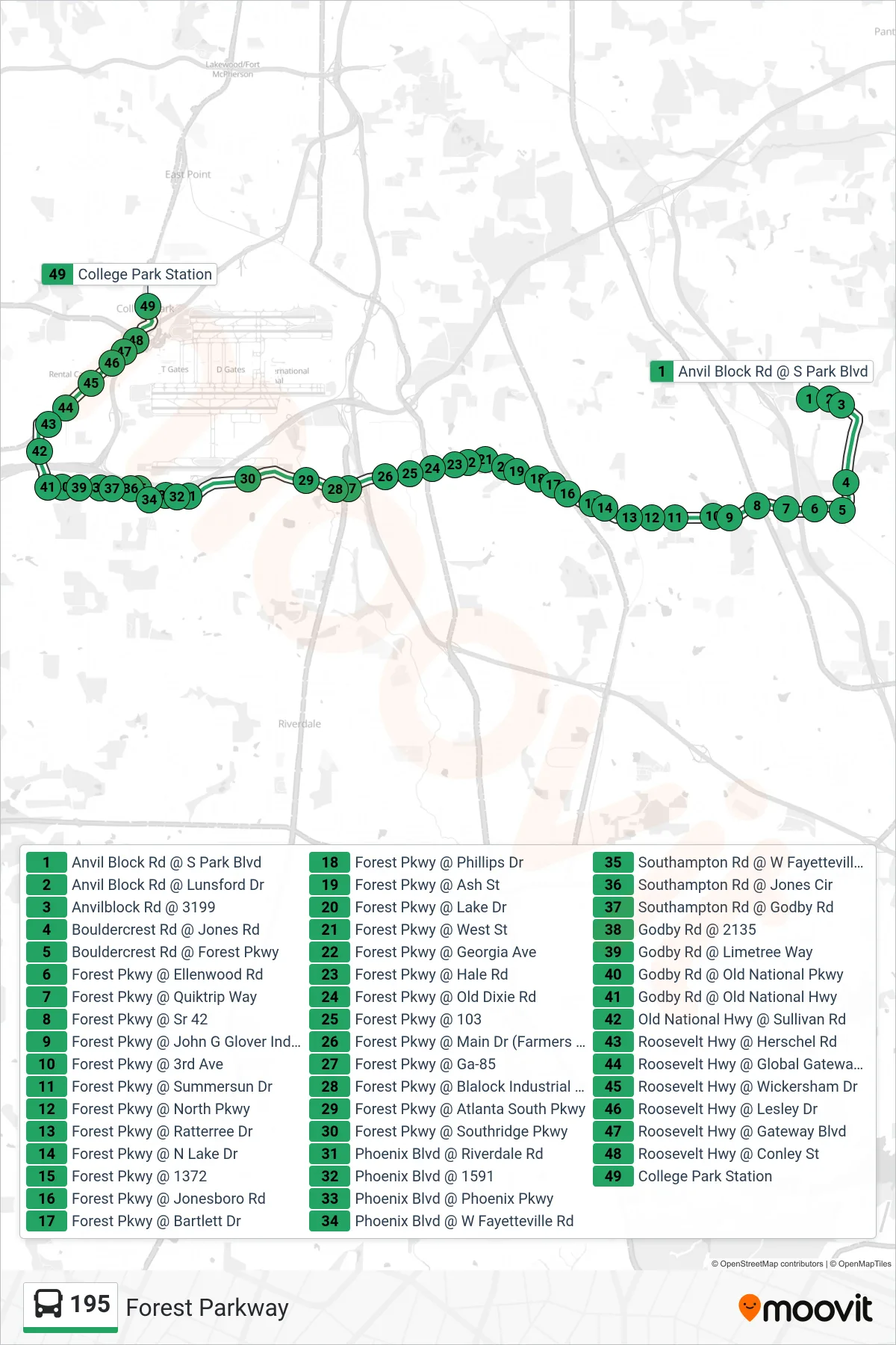 195 bus Line (College Park Stn) route and stops on a map
