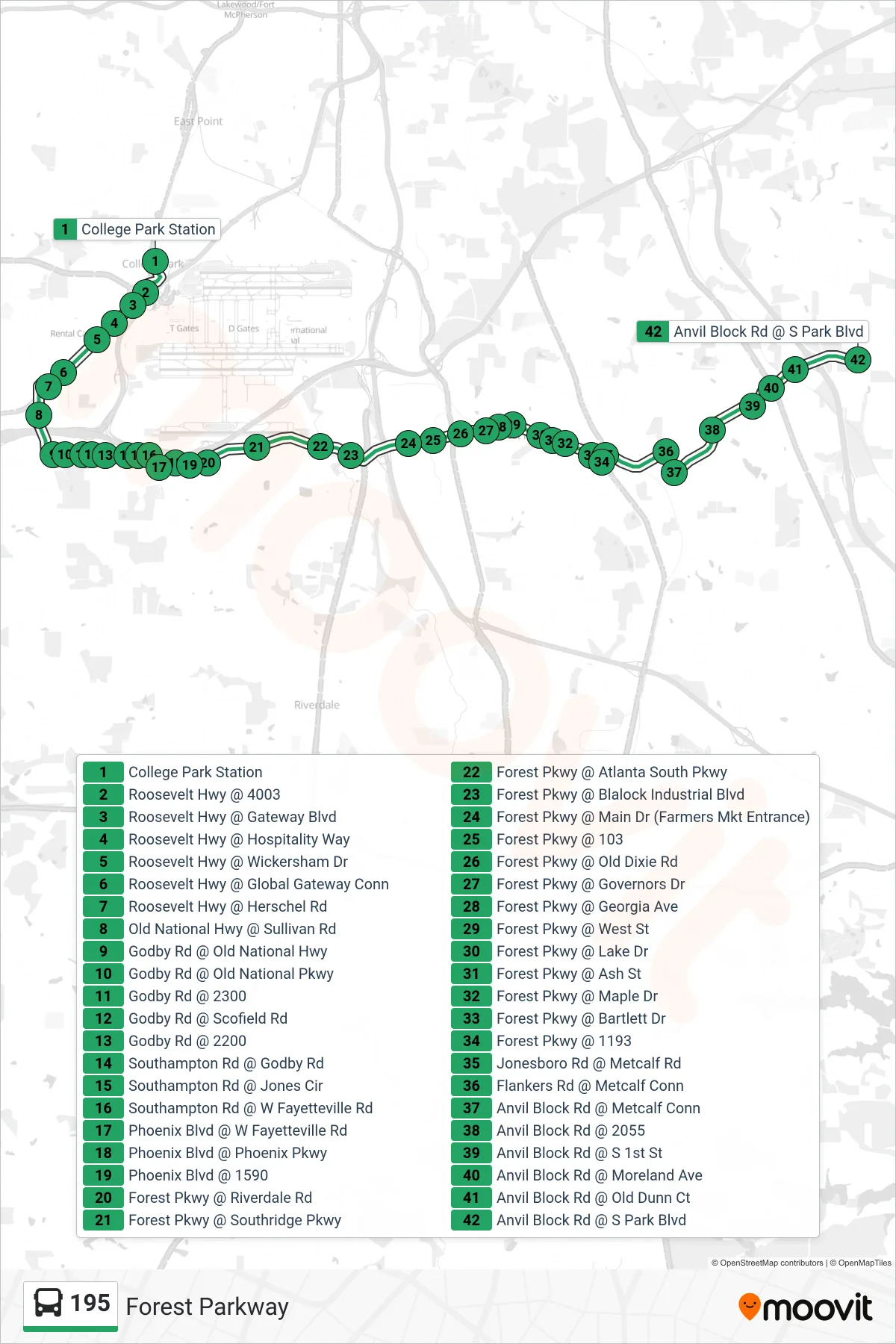 195 bus Line (Ellenwood Twn Ctr) route and stops on a map