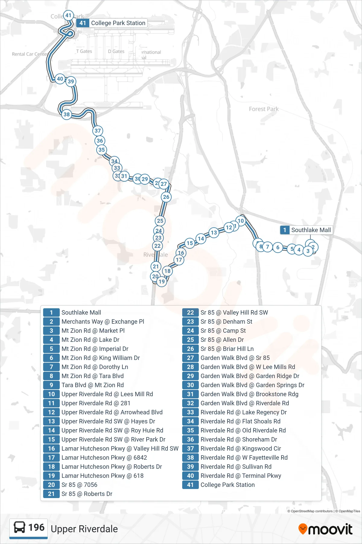 196 bus Line (College Park Stn) route and stops on a map