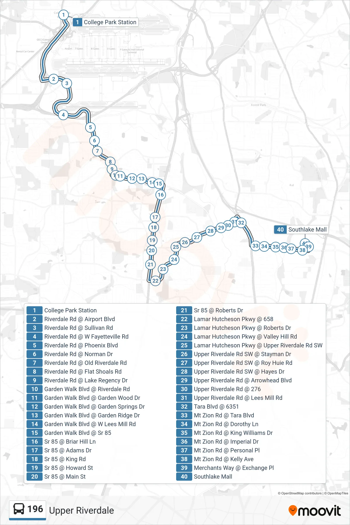 196 bus Line (Southlake Mall) route and stops on a map