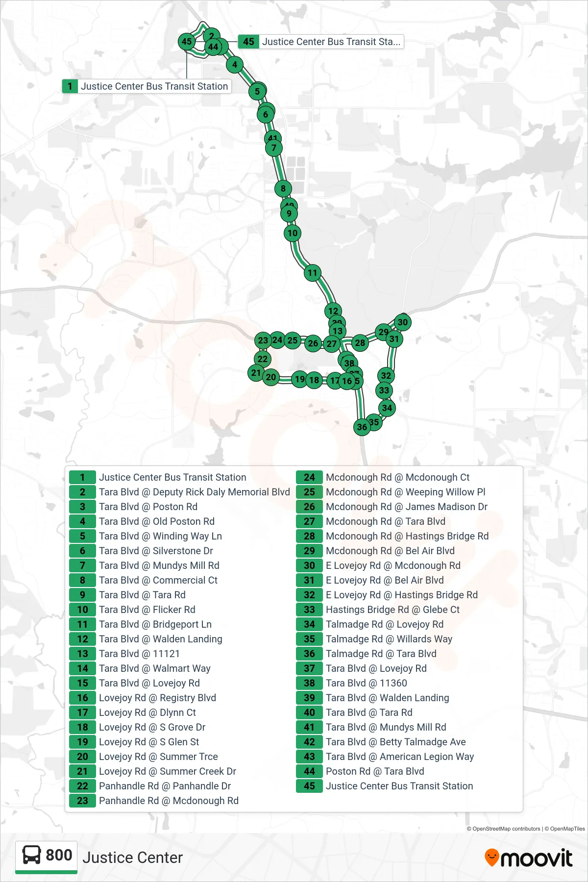 800 bus Line (Justice Center) route and stops on a map
