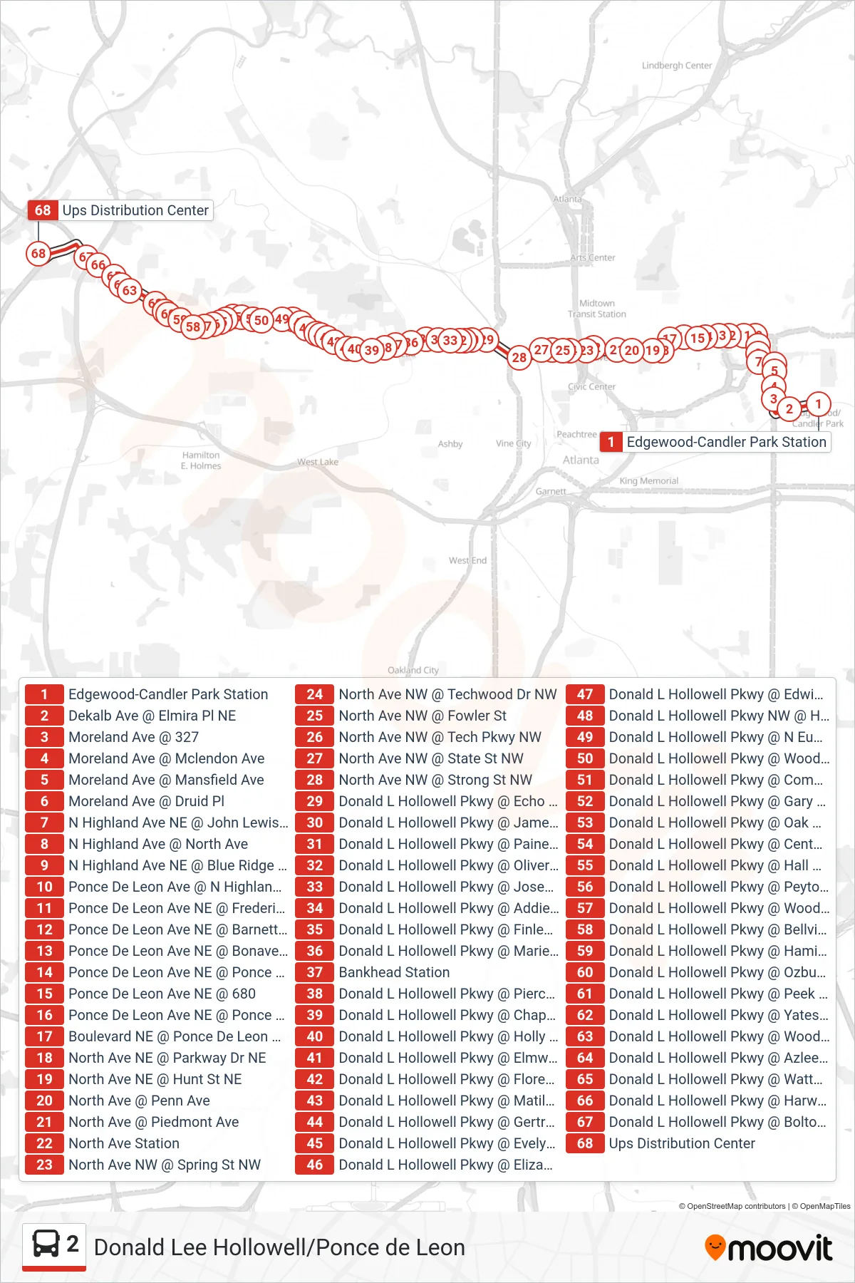 2 bus Line (Ups Distribution Ctr) route and stops on a map