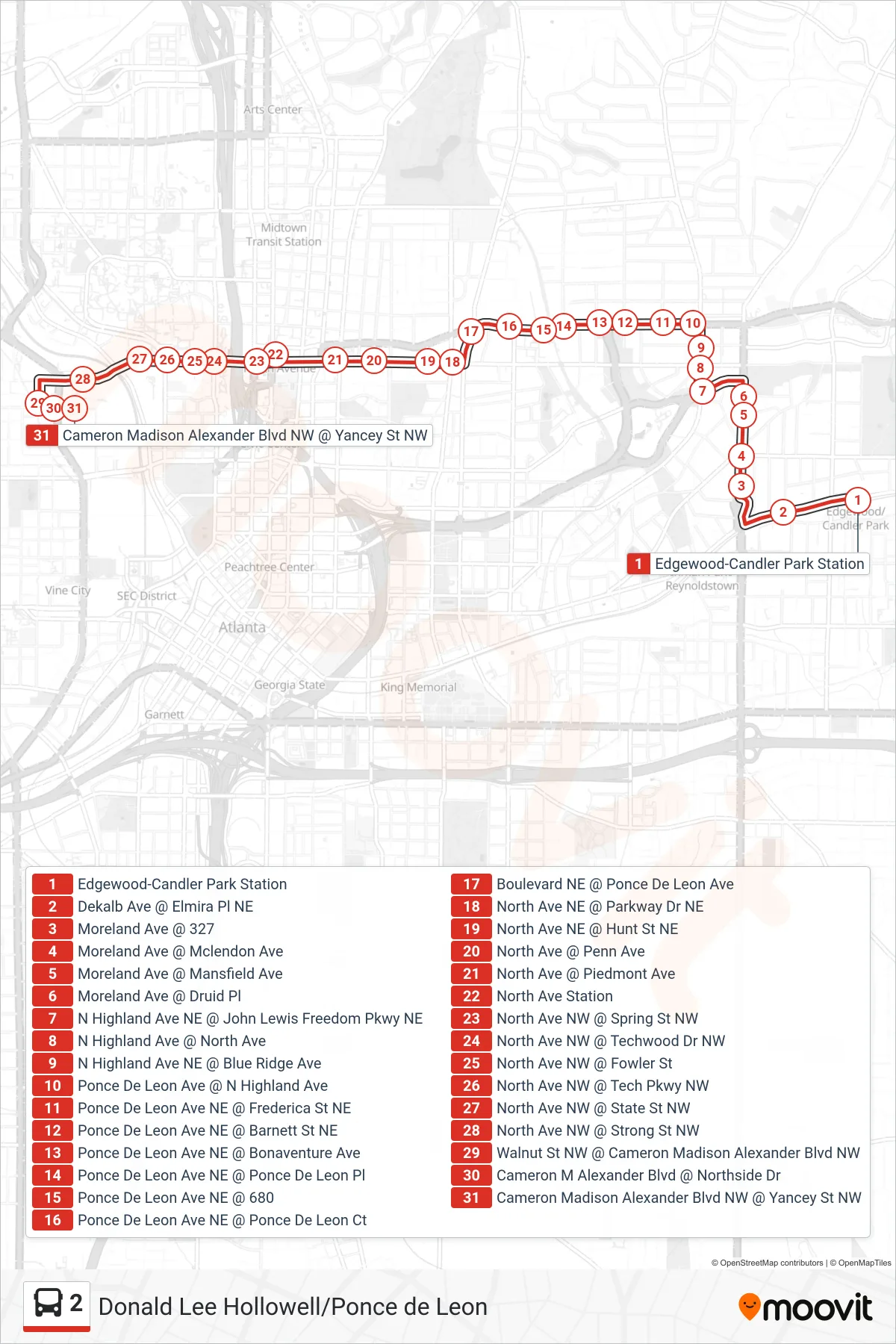 2 bus Line (Cm Alexander Blvd) route and stops on a map