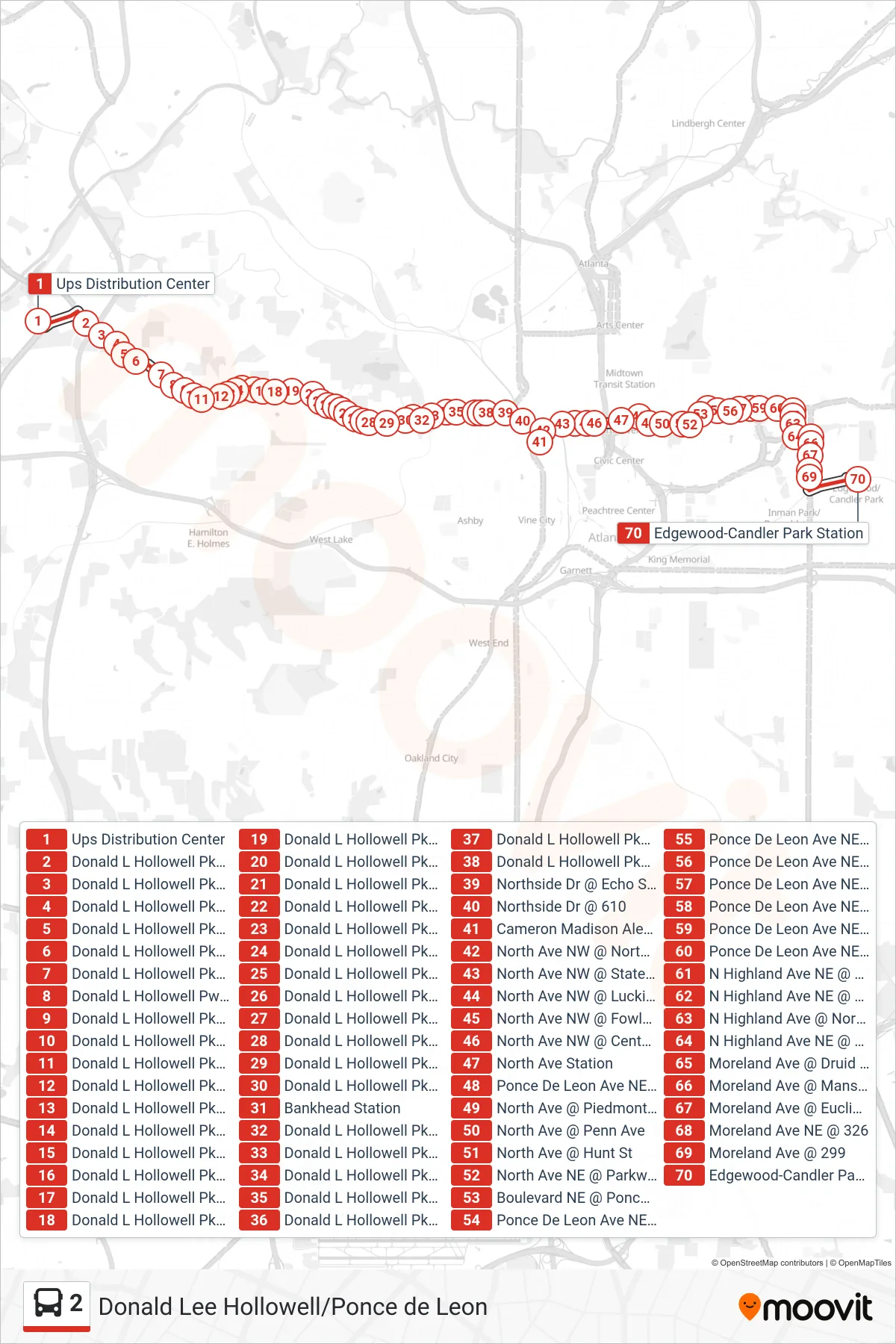 2 bus Line (Candler Park Stn) route and stops on a map