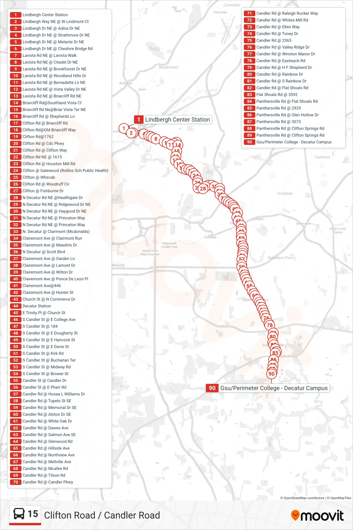 15 bus Line (Gsu Perimeter Colg) route and stops on a map