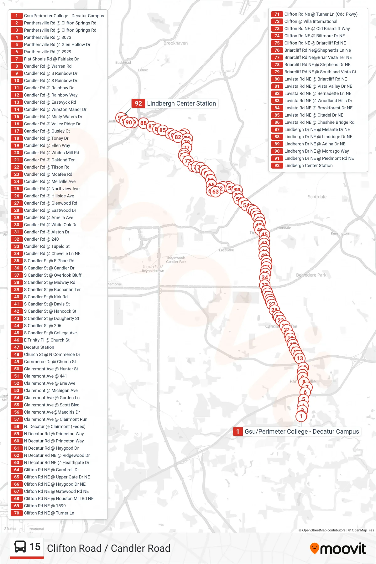 15 bus Line (Lindbergh Ctr Stn) route and stops on a map