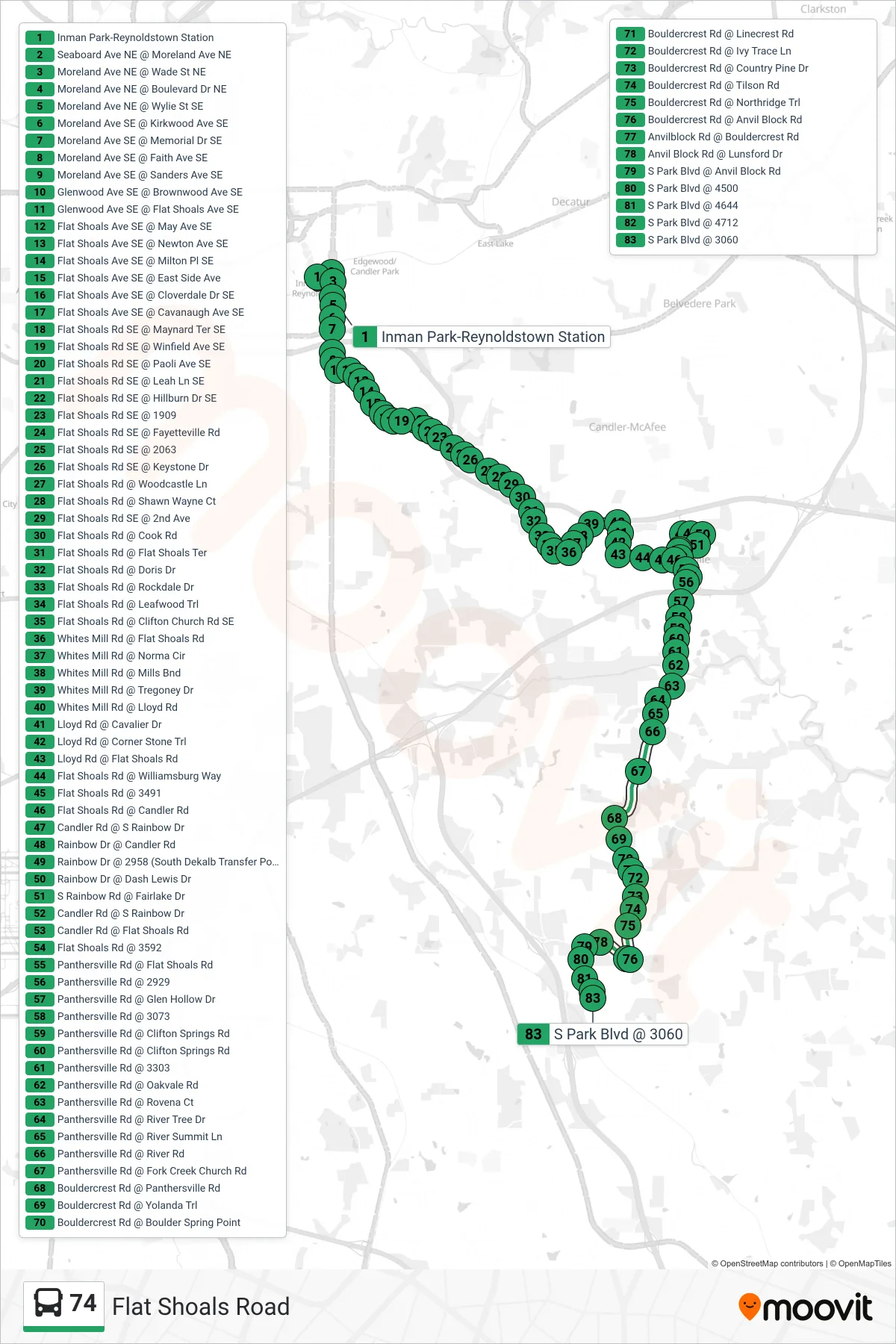 74 bus Line (South Park Blvd) route and stops on a map