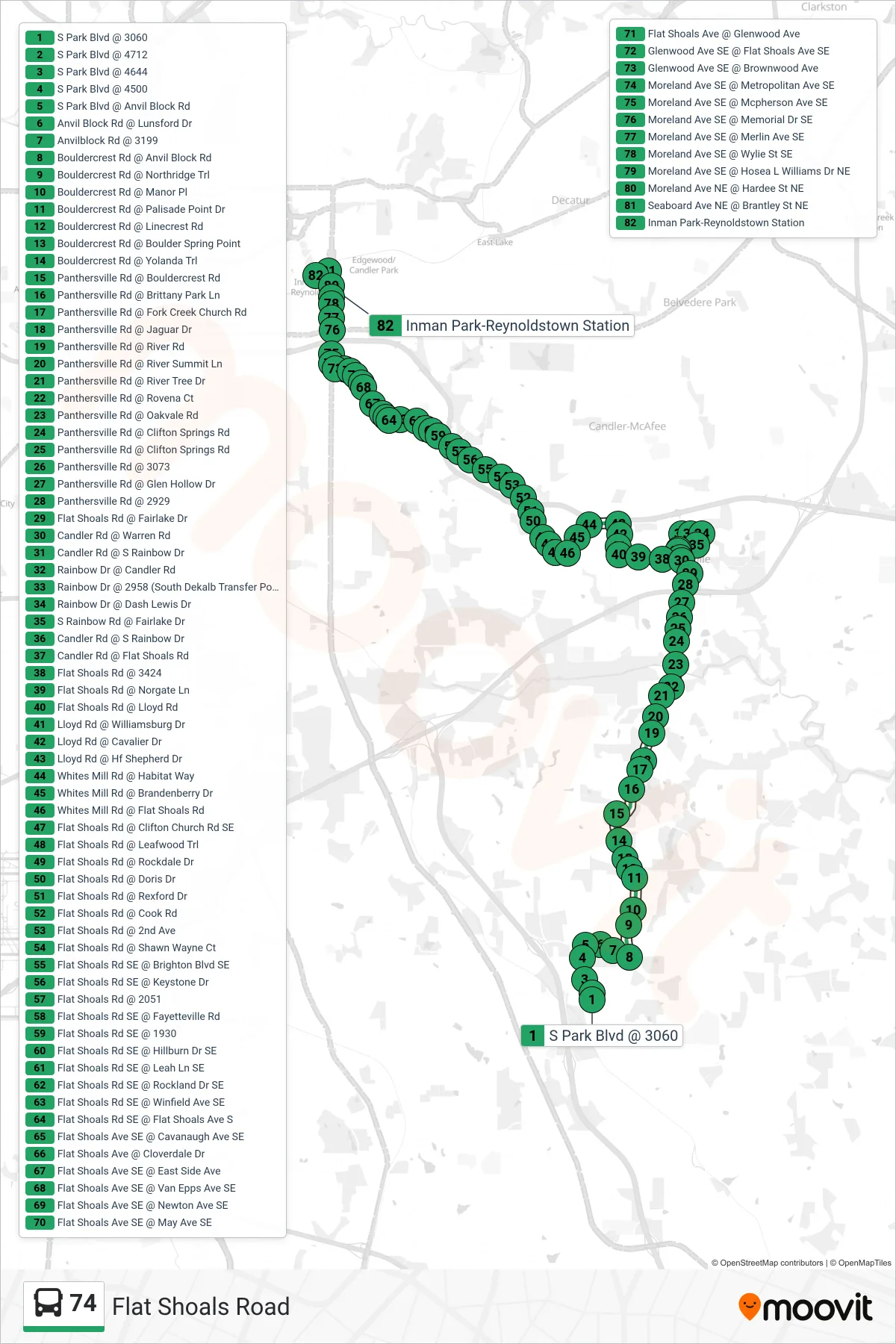 74 bus Line (Inman Park Stn) route and stops on a map