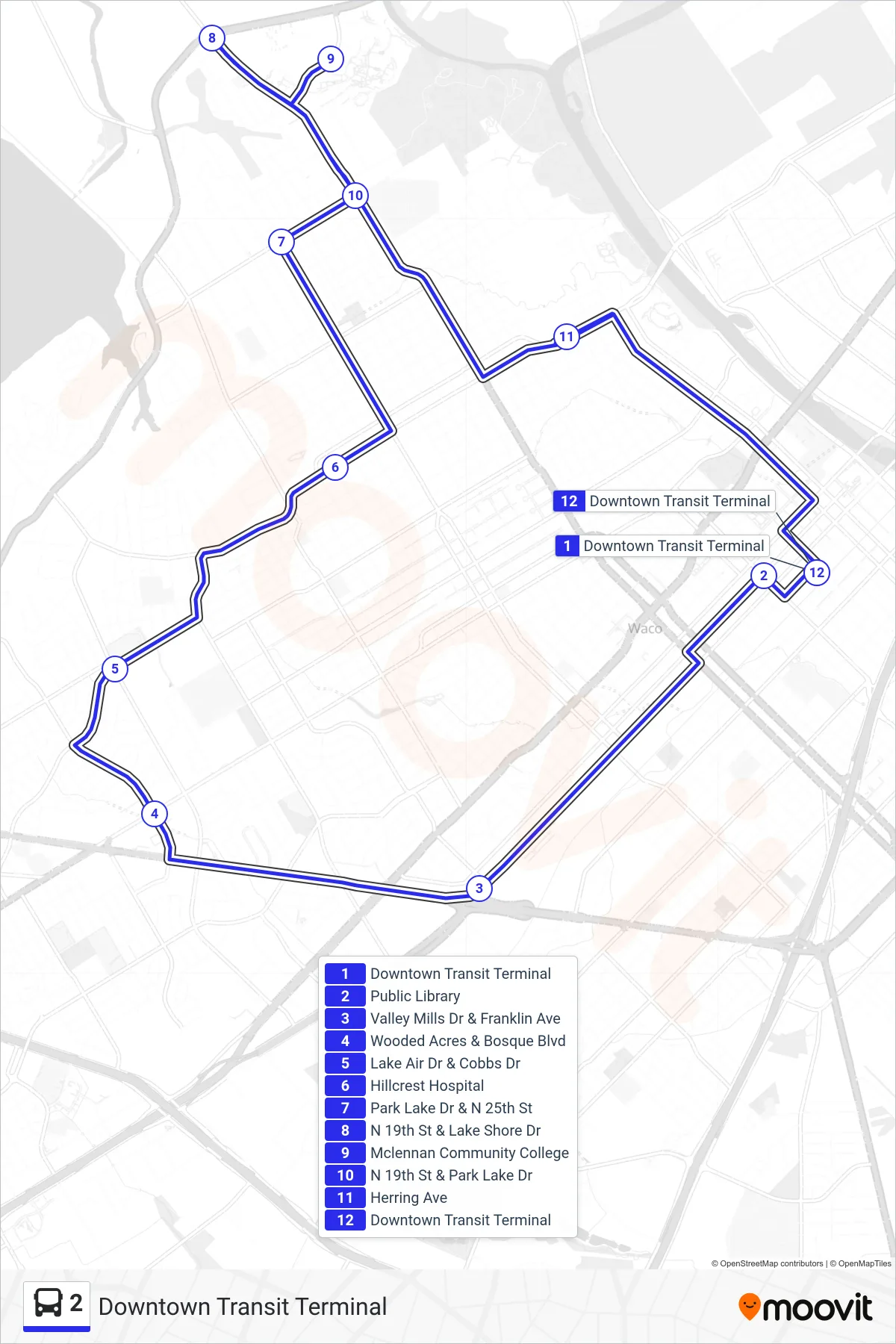 2 bus Line (Downtown Transit Terminal) route and stops on a map