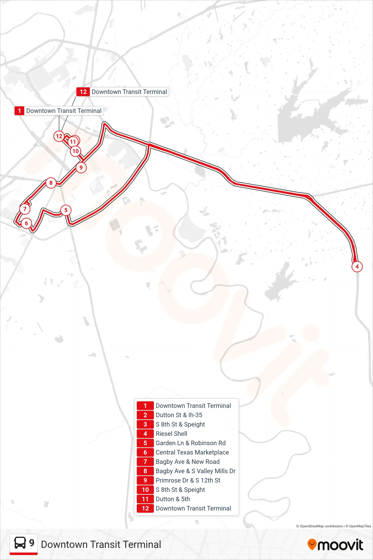 9 bus Line (Downtown Transit Terminal) route and stops on a map
