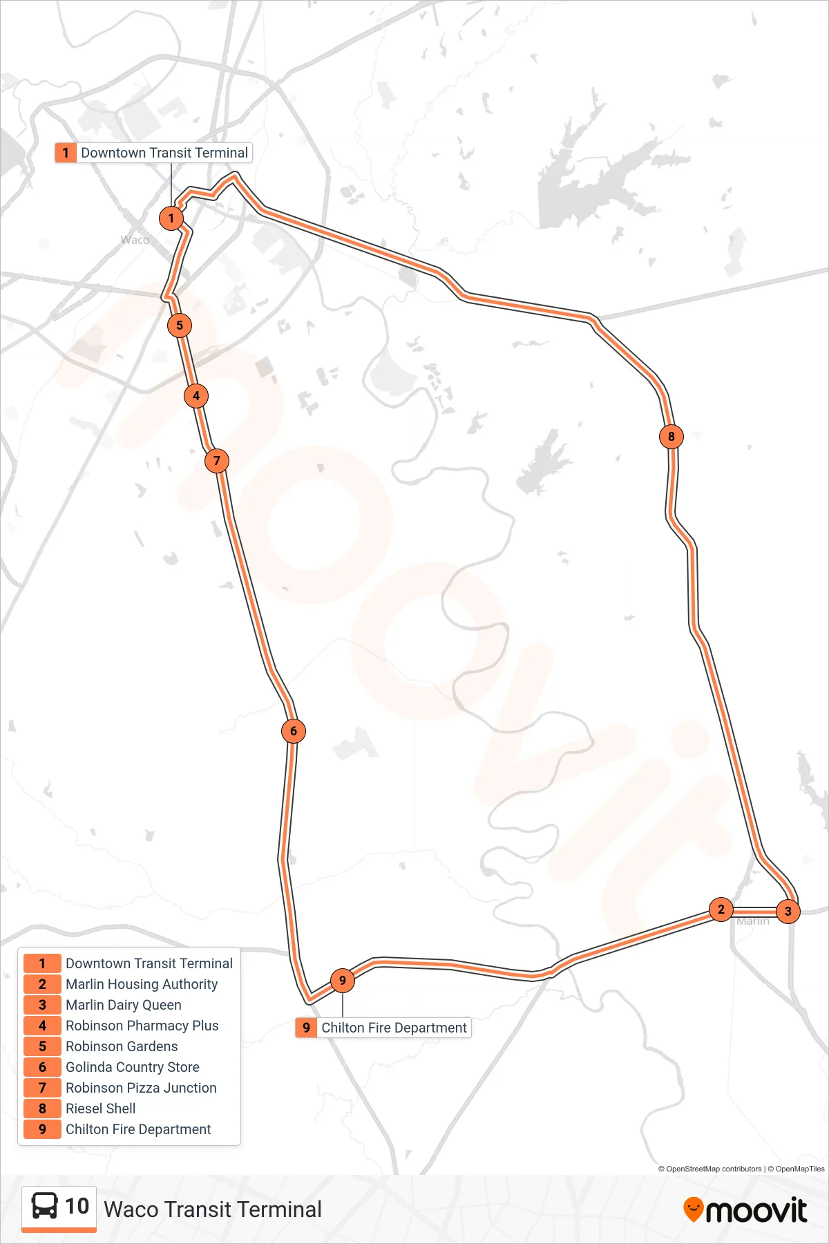 10 bus Line (Waco Transit Terminal) route and stops on a map