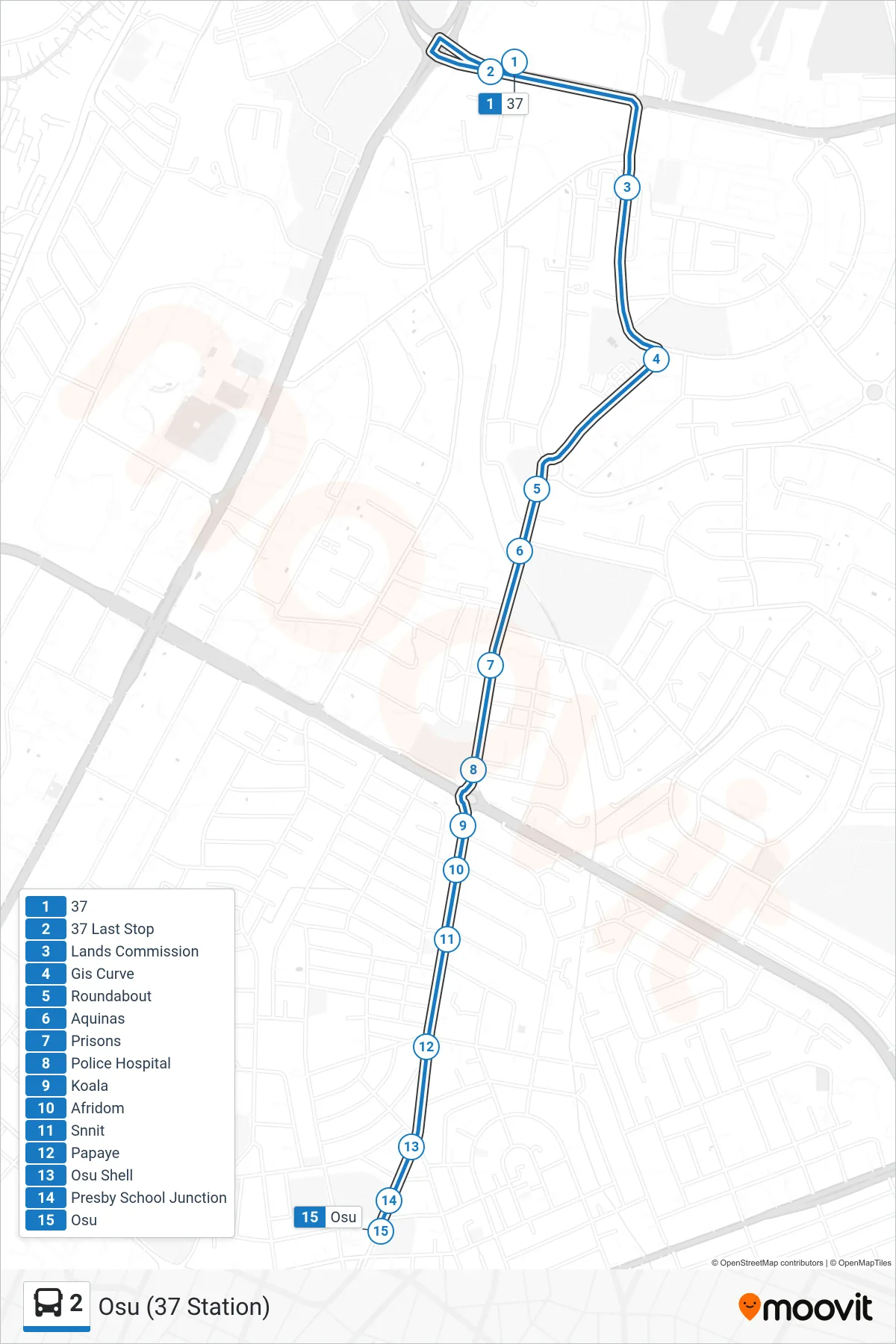 2 bus Line (Osu (37 Station)) route and stops on a map