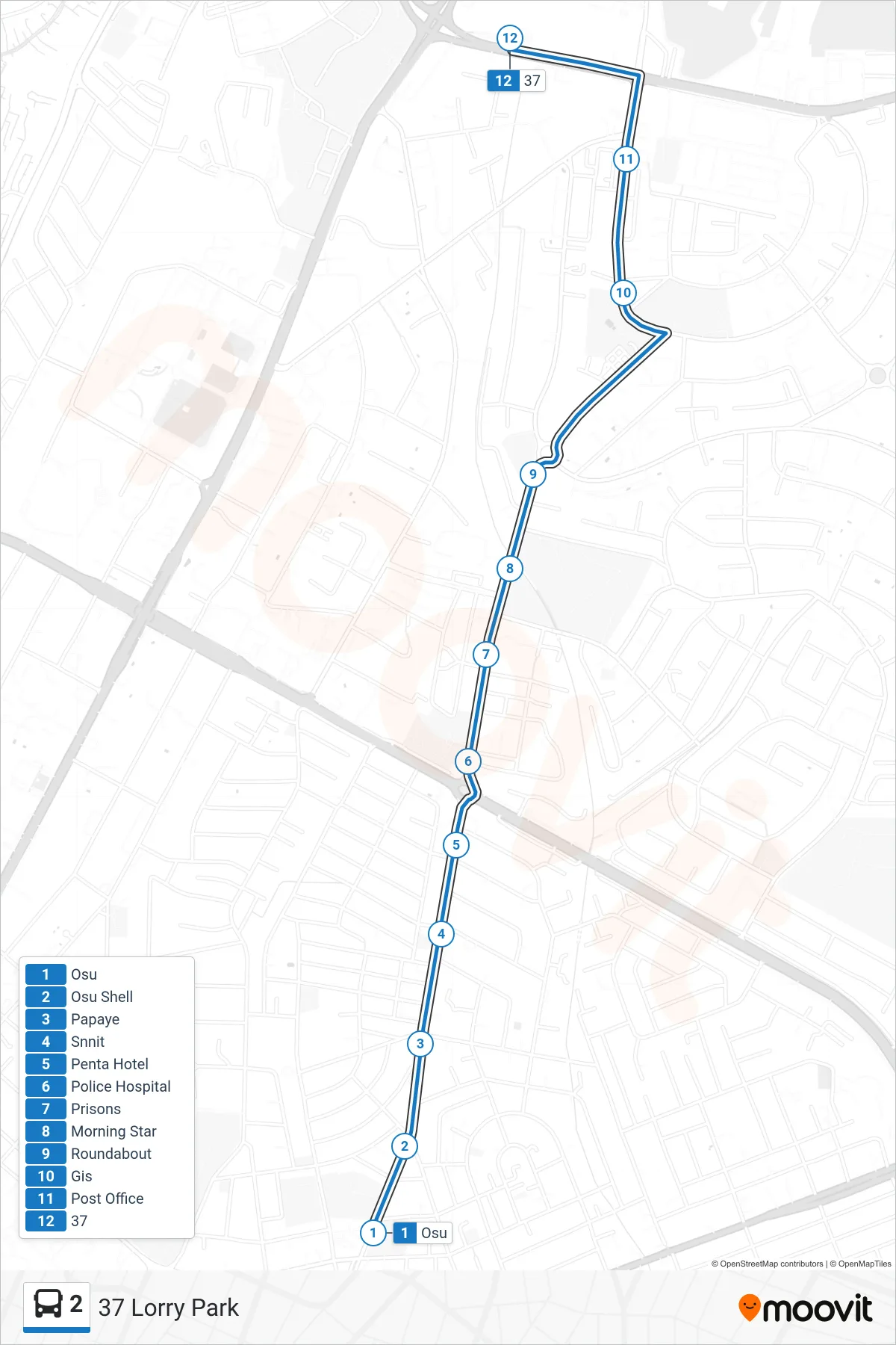 2 bus Line (37 Lorry Park) route and stops on a map