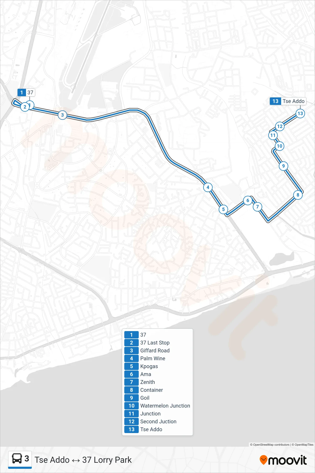 3 bus Line (Tse Addo) route and stops on a map