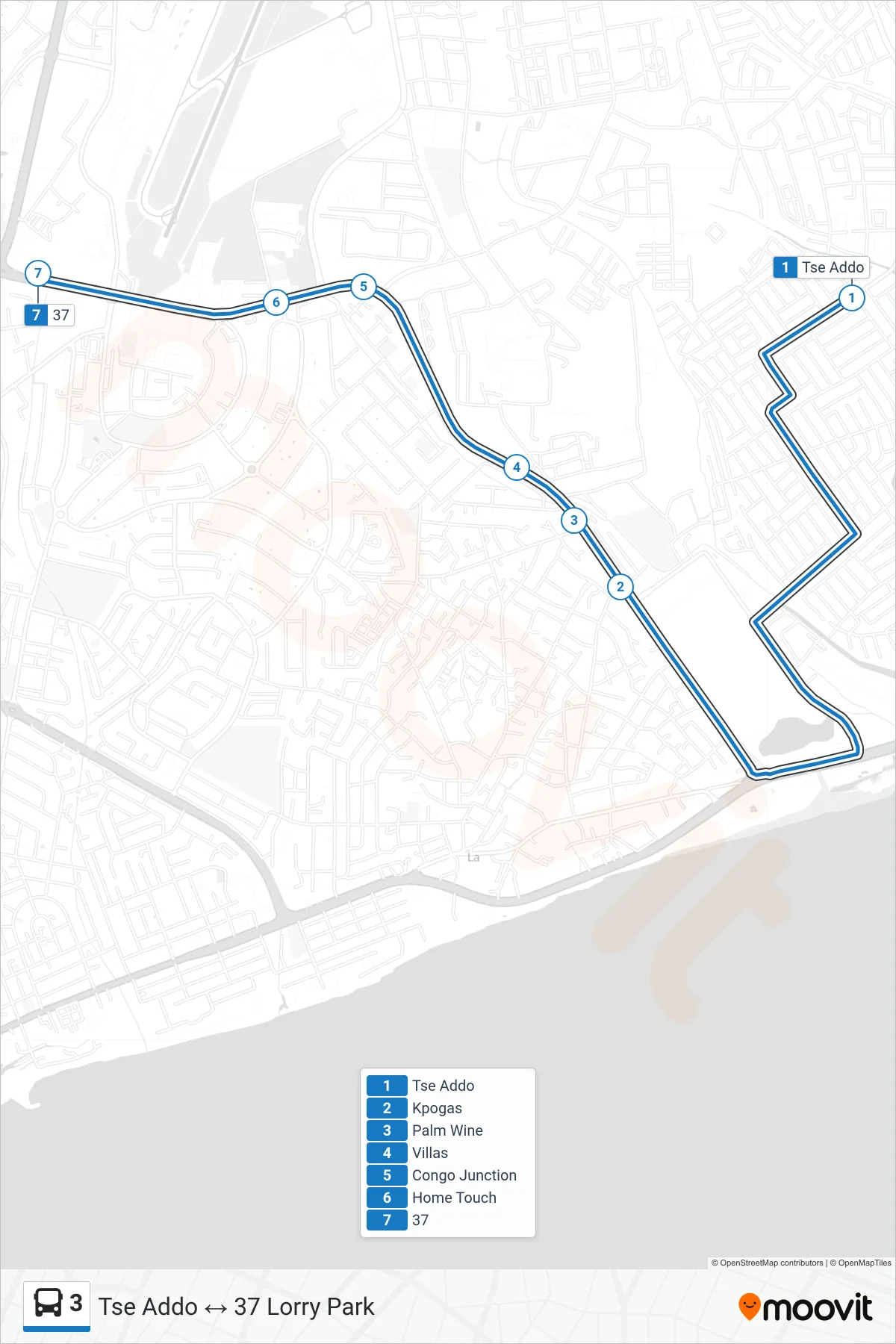 3 bus Line (37 Lorry Park) route and stops on a map