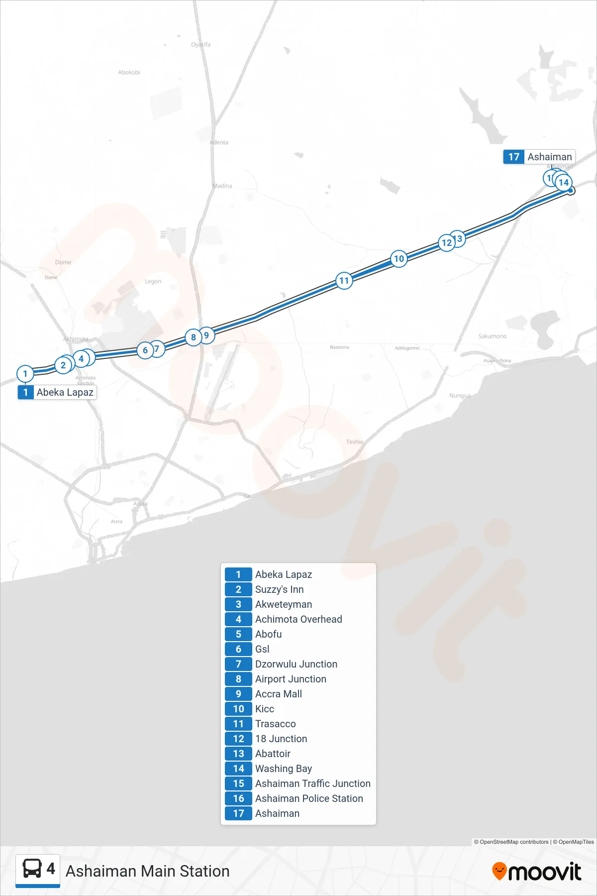 4 bus Line (Ashaiman Main Station) route and stops on a map