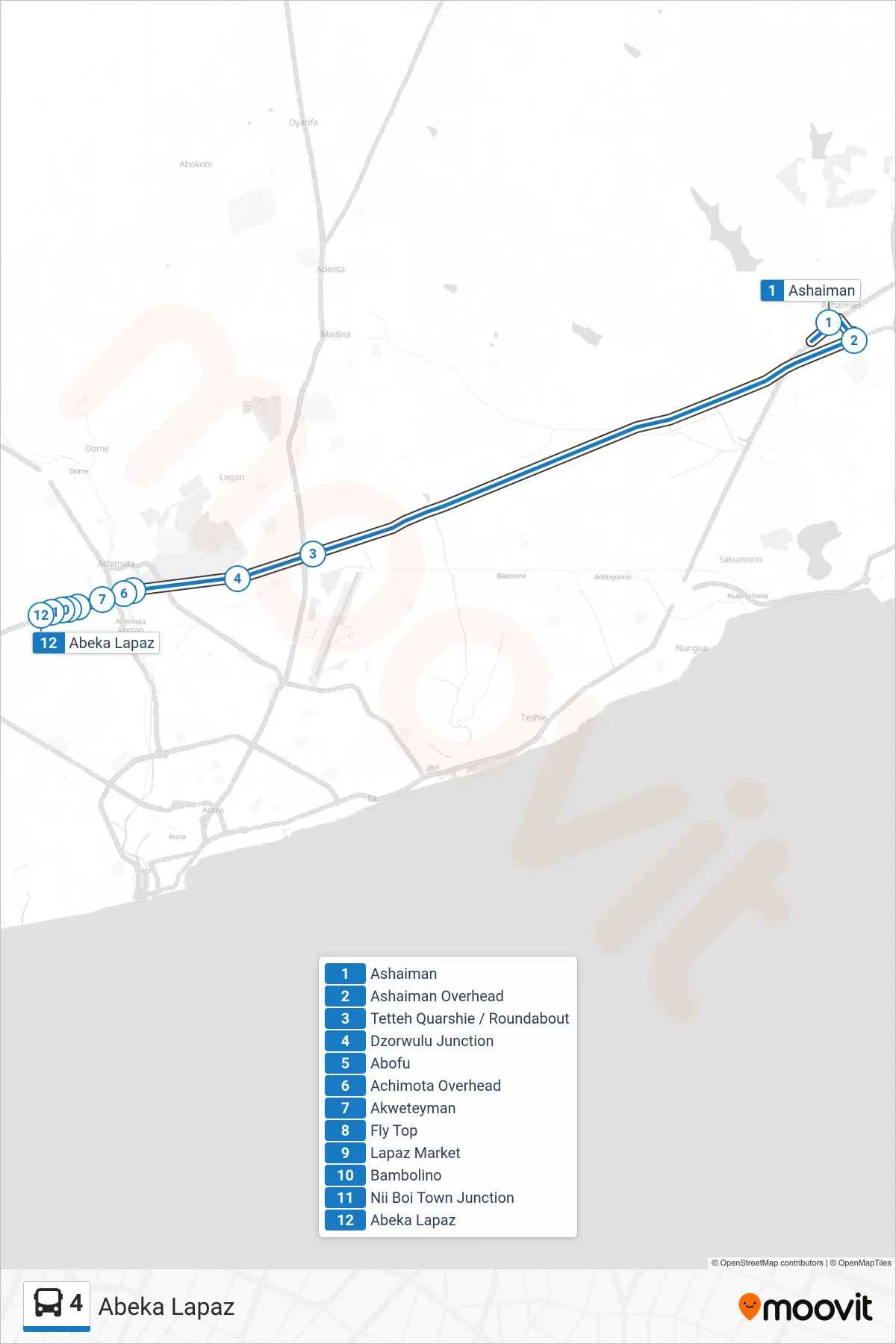 4 bus Line (Abeka Lapaz) route and stops on a map