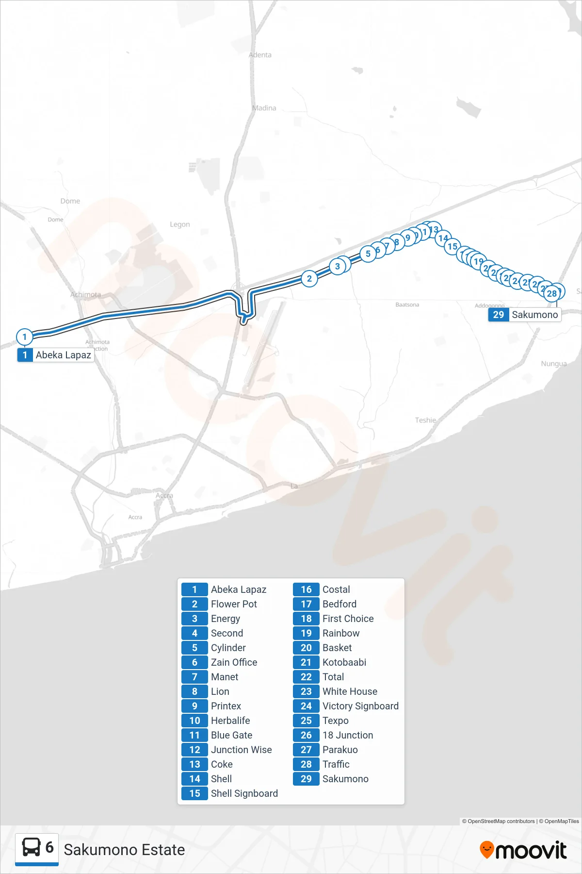 6 bus Line (Sakumono Estate) route and stops on a map