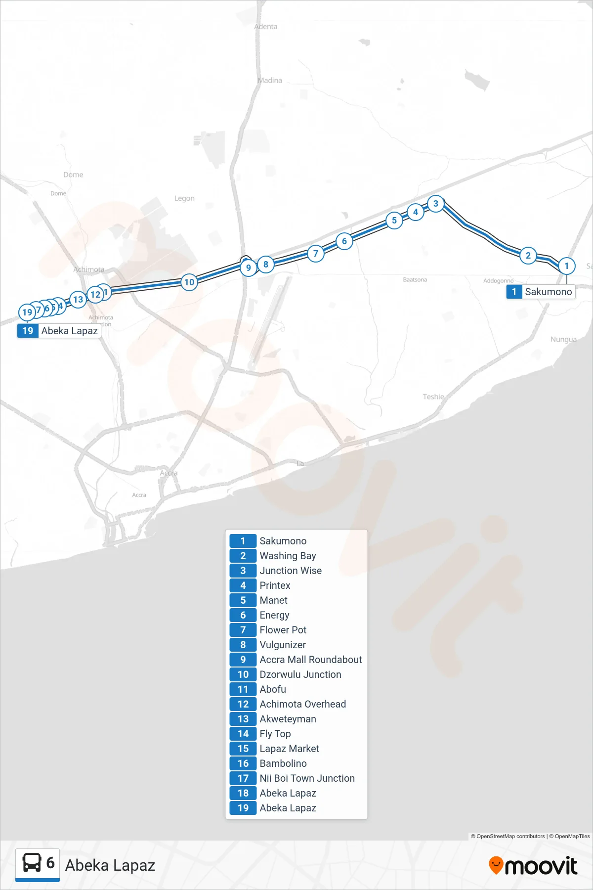 6 bus Line (Abeka Lapaz) route and stops on a map