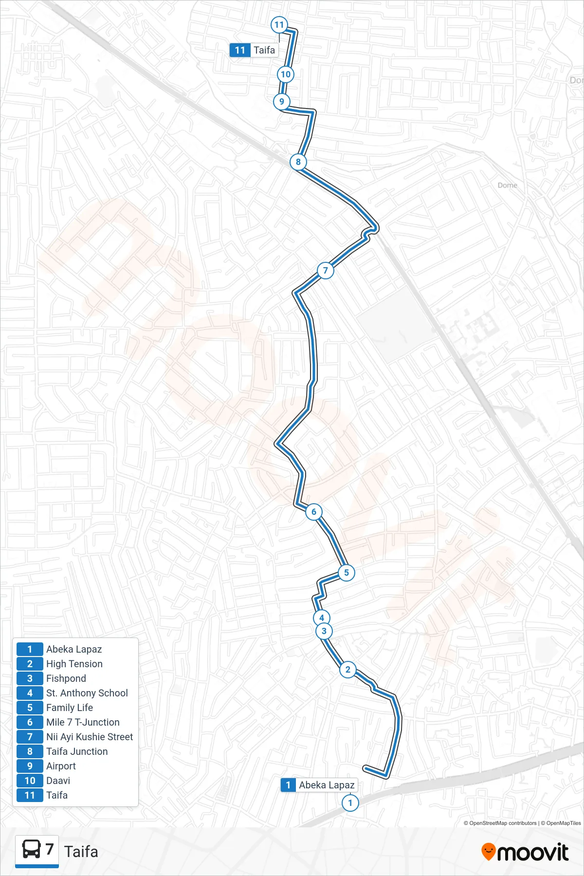 7 bus Line (Taifa) route and stops on a map