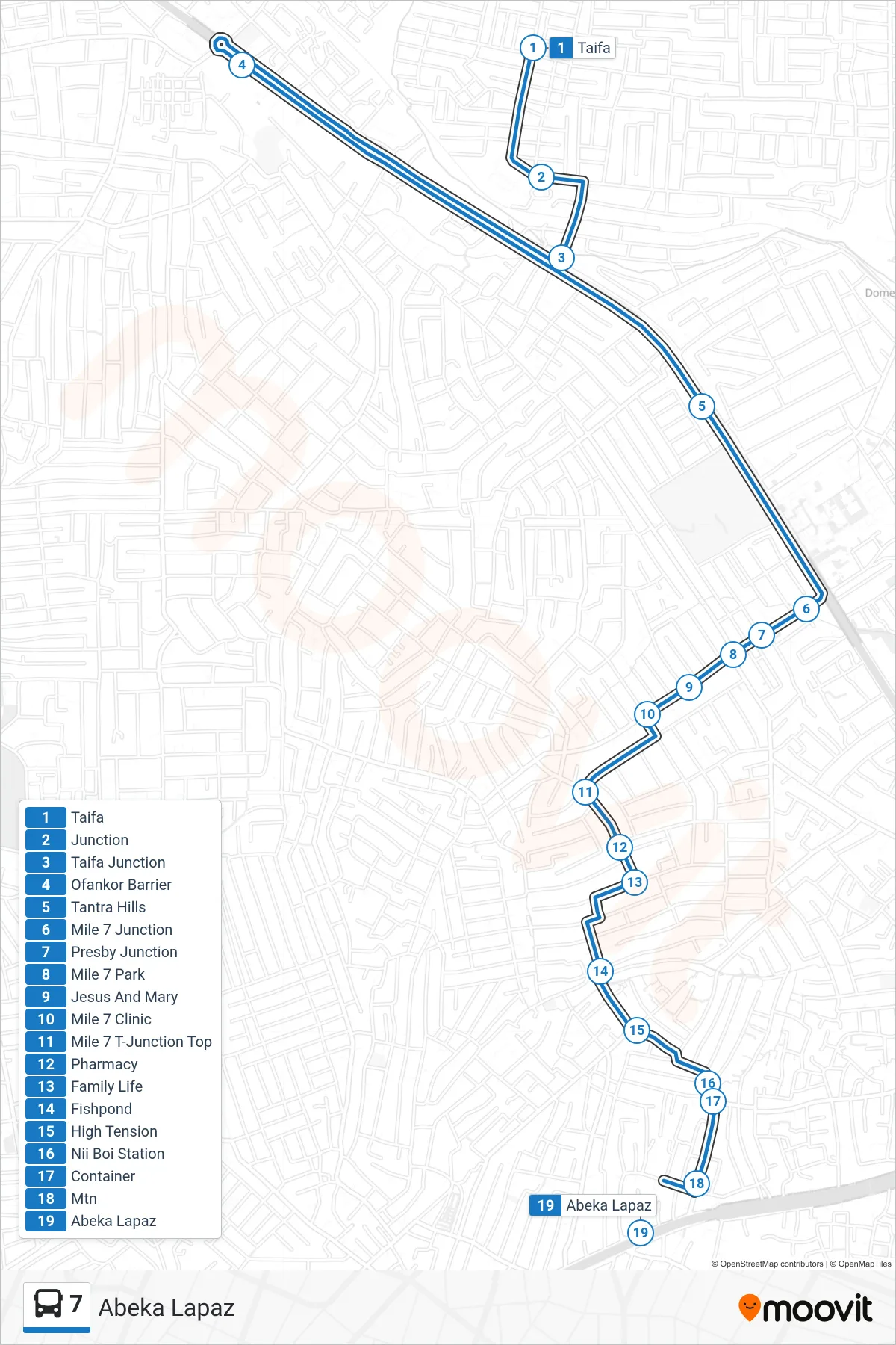 7 bus Line (Abeka Lapaz) route and stops on a map