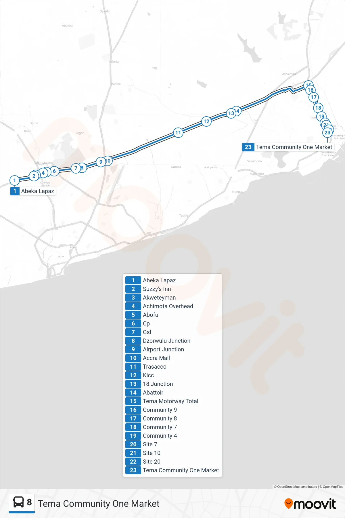 8 bus Line (Tema Community One Market) route and stops on a map