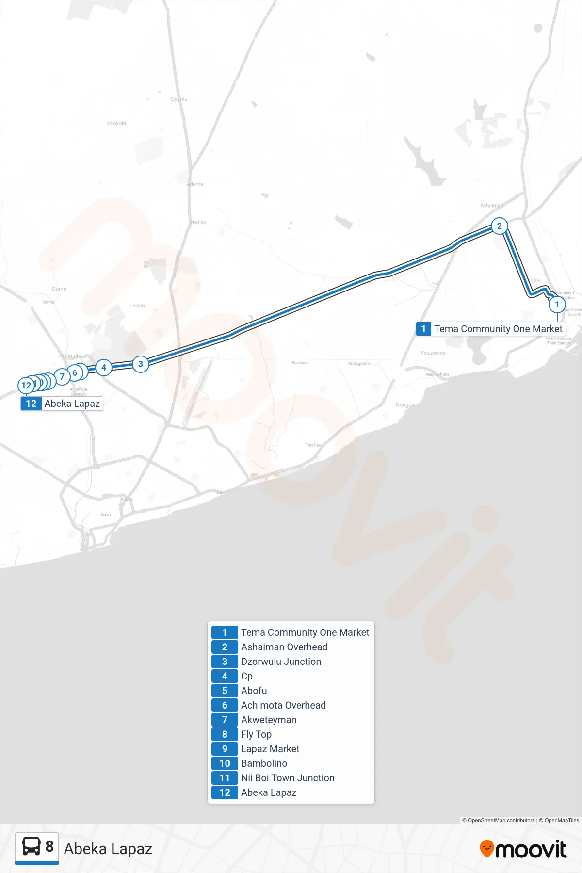 8 bus Line (Abeka Lapaz) route and stops on a map