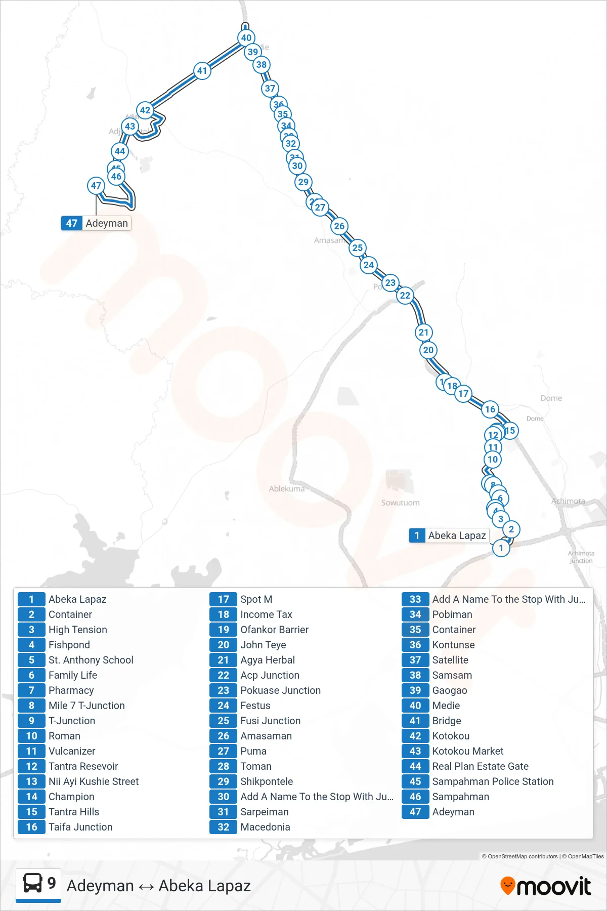 9 bus Line (Adeyman) route and stops on a map